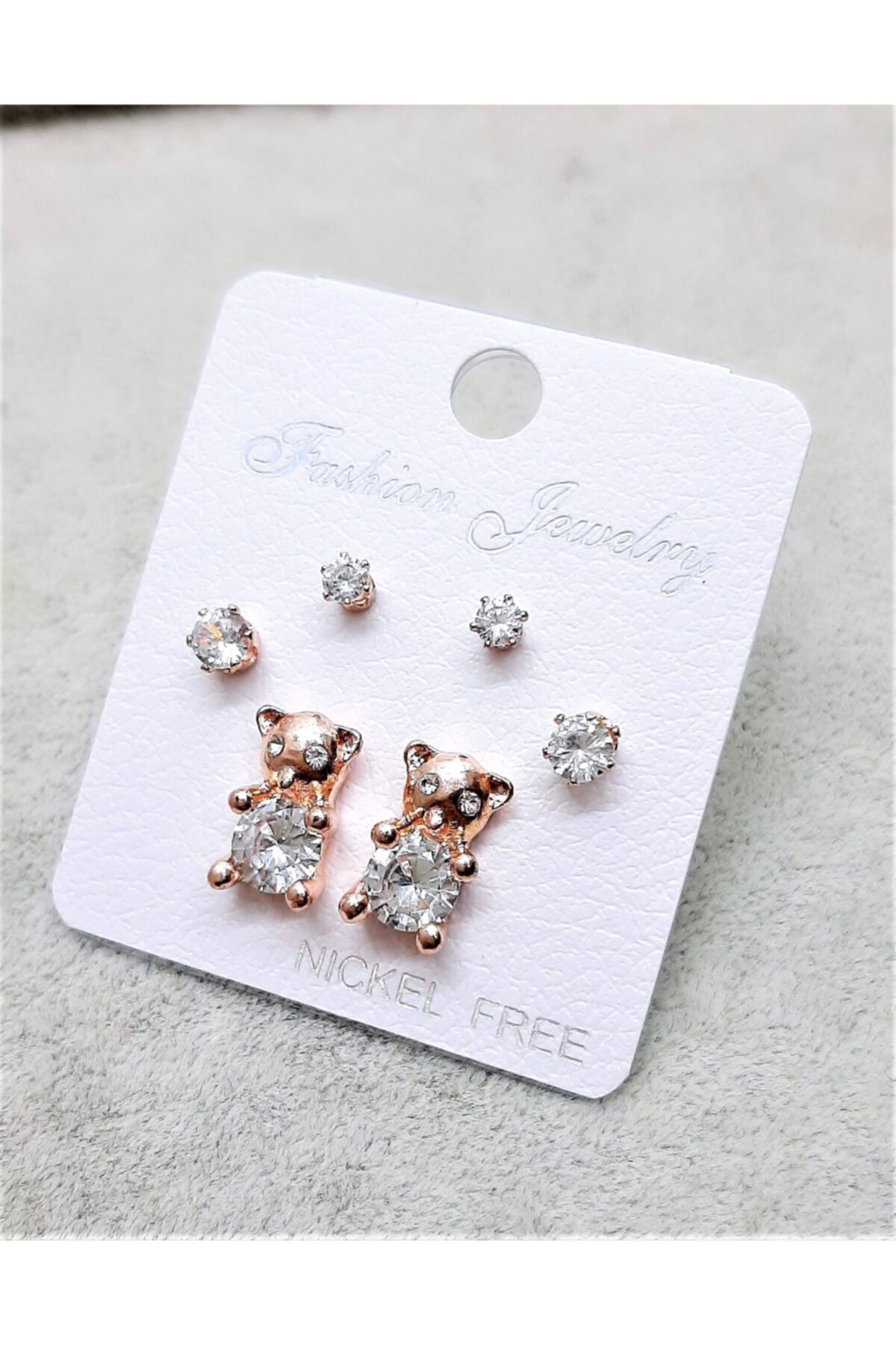 TÜKKAN ACCESSORİES Rose Kaplama Zirkon Taş Teddy (ayıcık) Vip Seri 3 Çift Küpe