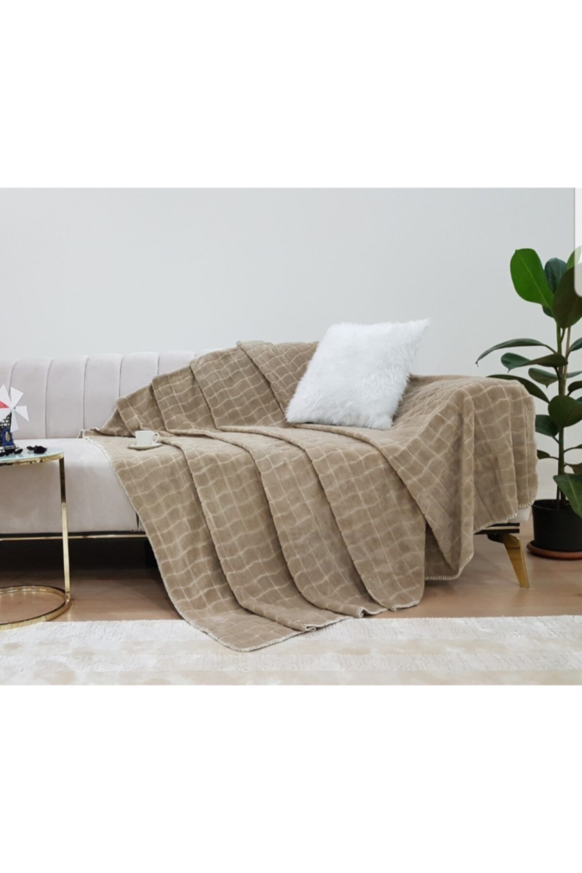 Alpar Tekstil Tek Kişilik Dört Mevsim Peluş Welsoft Battaniye 150*200 Cm - Vizon Kareli
