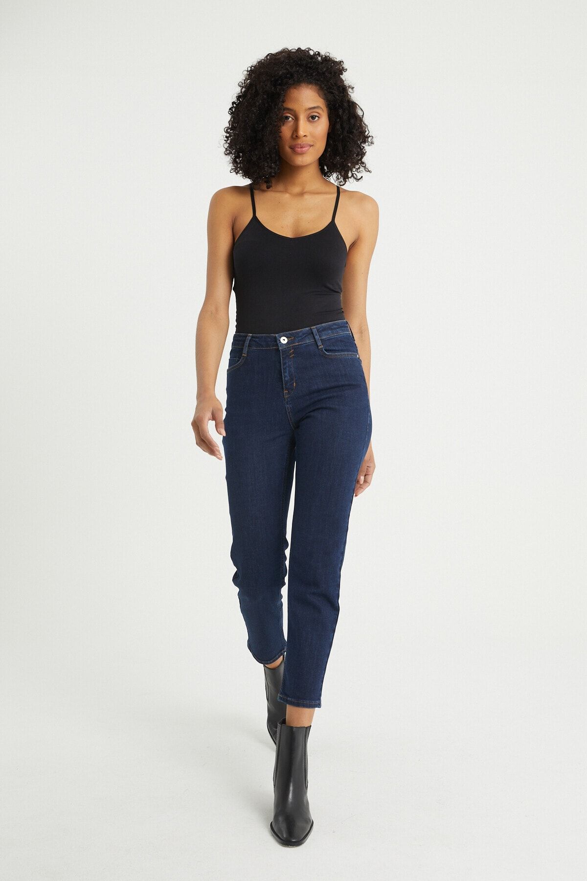 BOSHETTI Kadın Indigo Yüksel Bel Mom Slim Fit Jeans