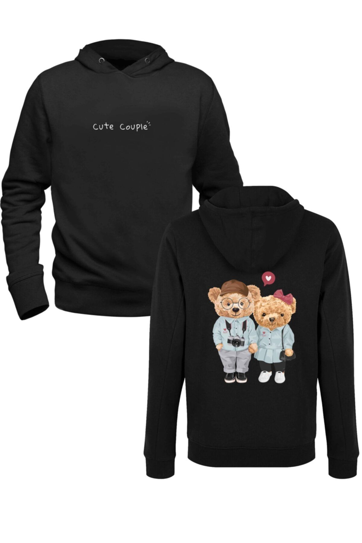 Alfa Tshirt Cute Coupletedy Bear Siyah Ön Arka Sweatshirt
