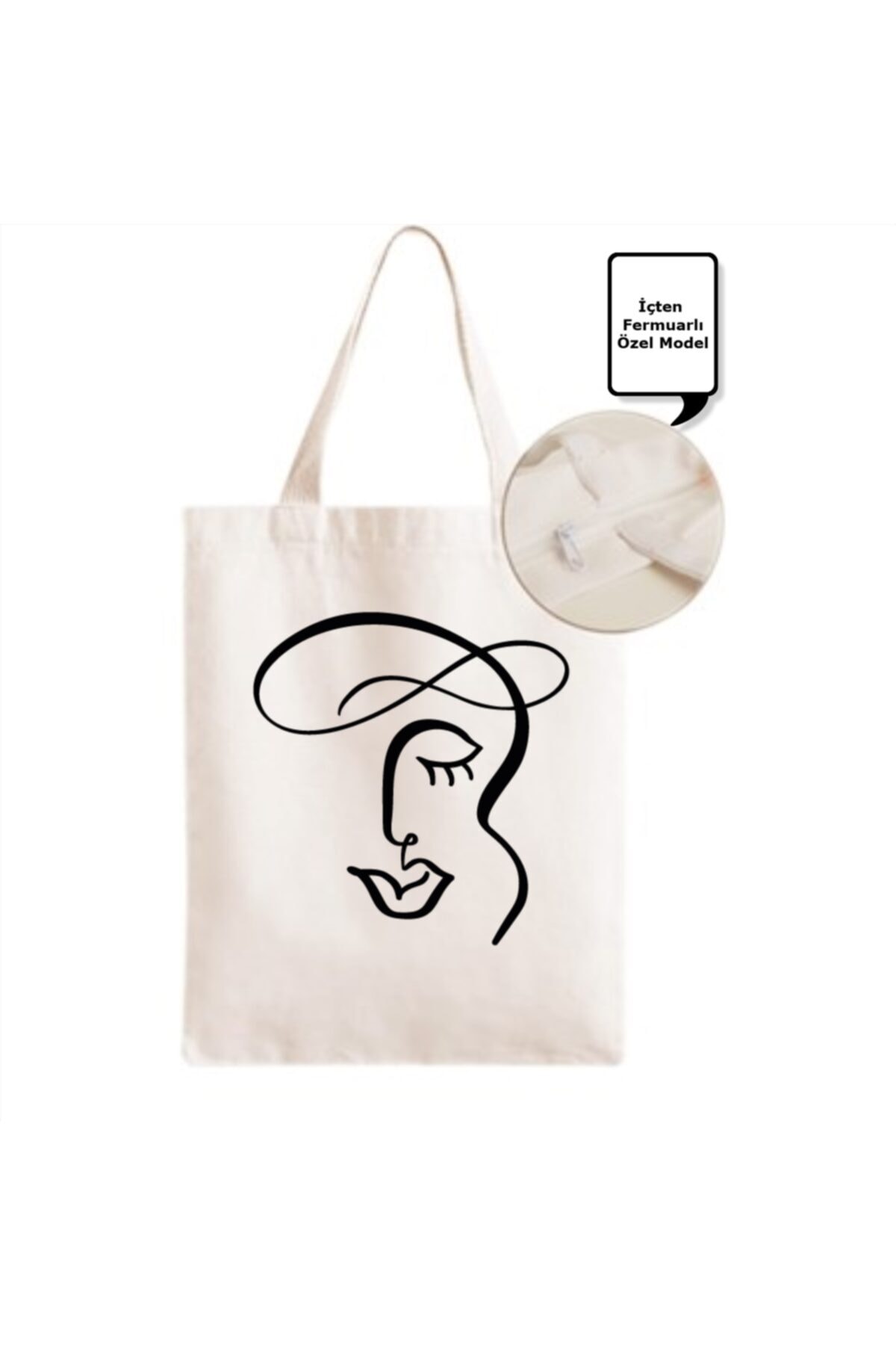 EHediyeci Karakalem Soyut Yüz Temalı Fermuarlı Bez Çanta -8