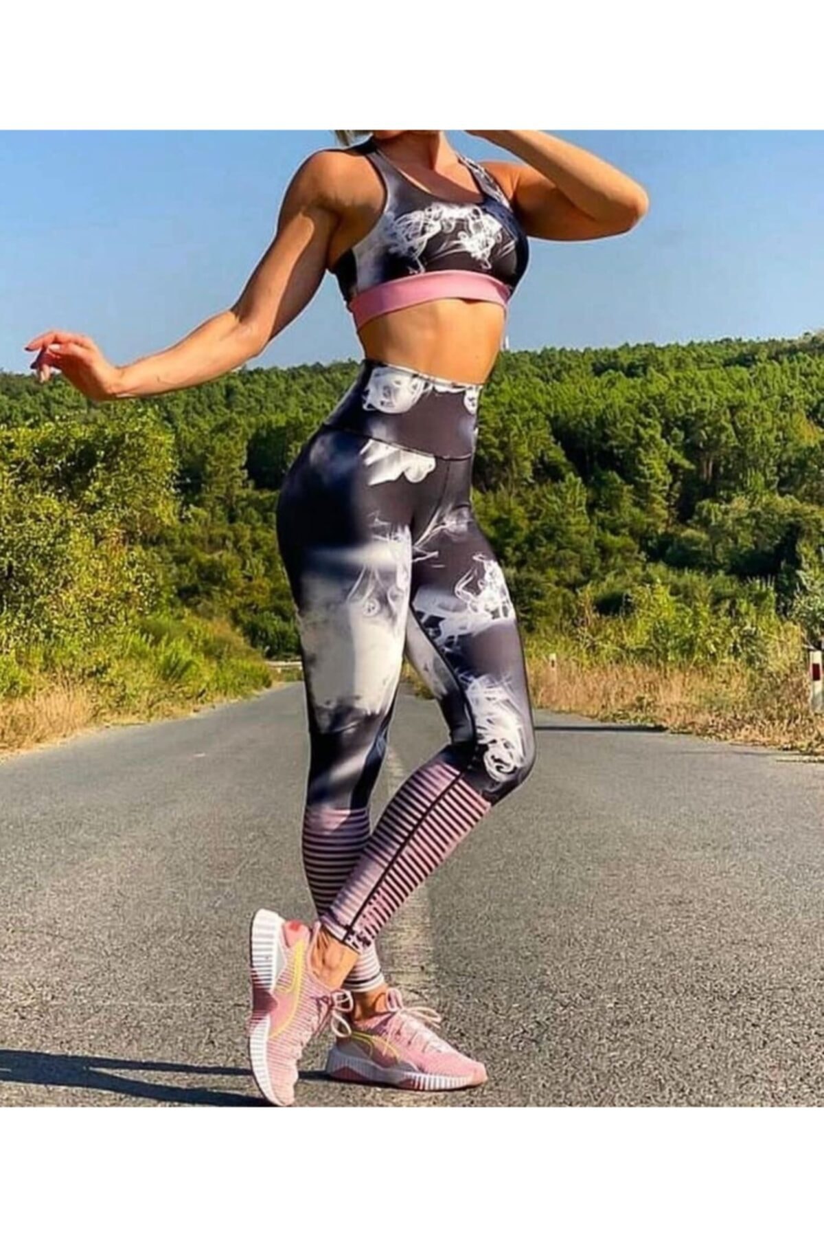 ALFAALİ Pembe Desenli Kadın Sporcu Takım Tayt