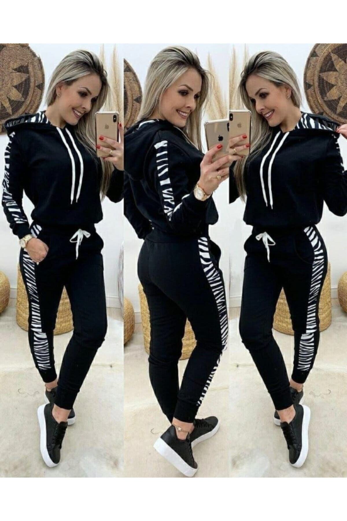 Arya Moda Janes Zebra Şerit Detay Kapüşonlu Takım