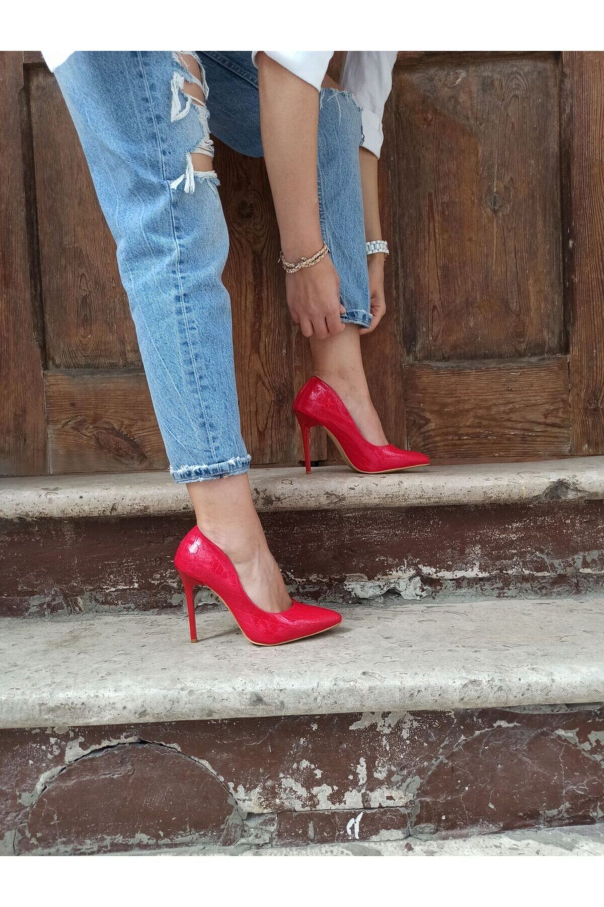 DS AYAKKABI Kadın Kırmızı Kroko Stiletto 11 cm