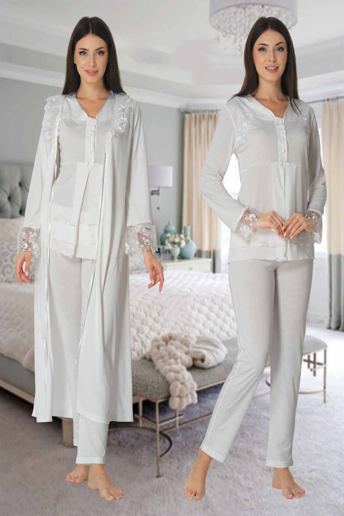 Effortt Mayss Collections 2424 Ekru Renk Sabahlıklı Lohusa Pijama Takımı
