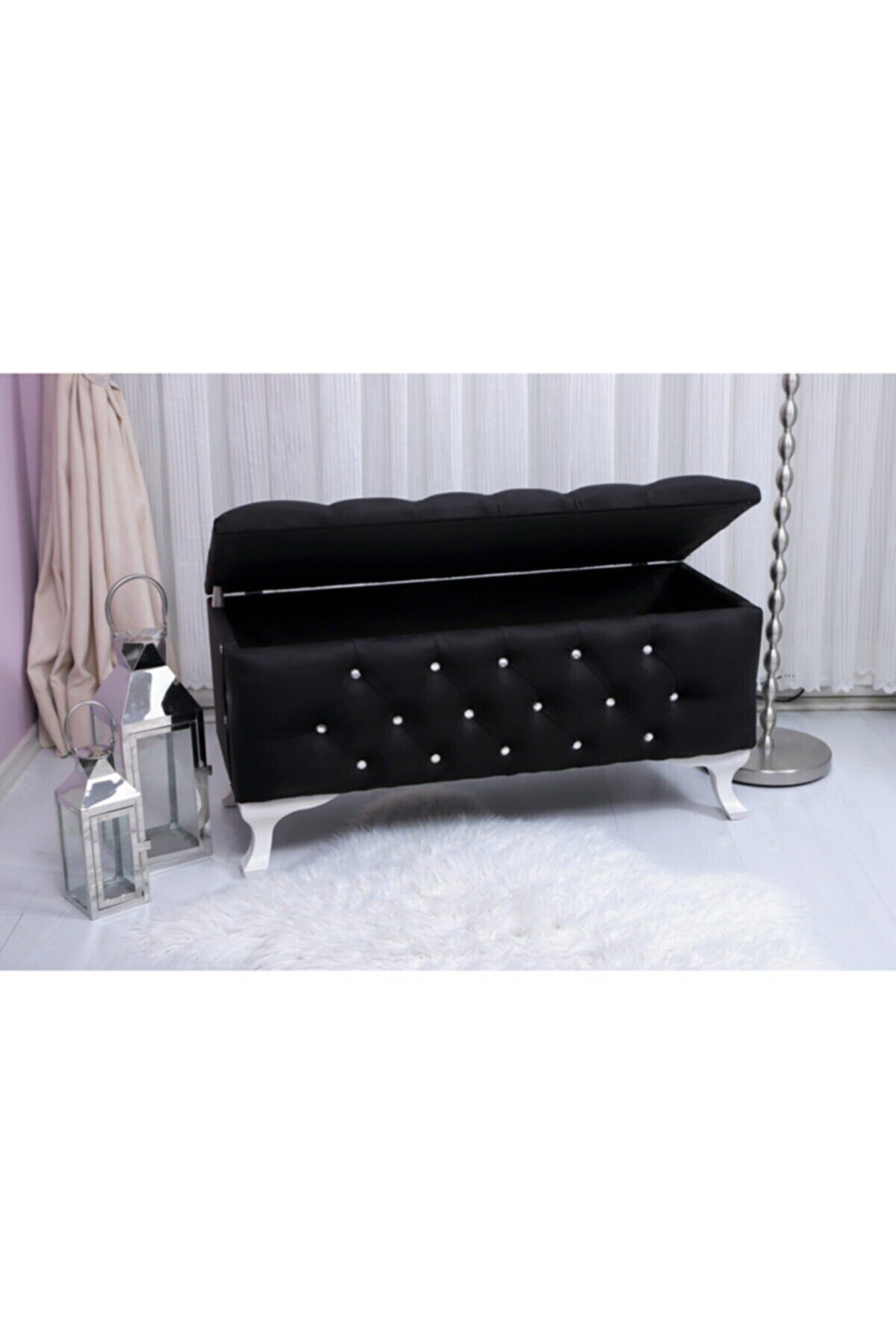 Sepetten Evine Siyah Lüks Kapitoneli Sandıklı Ayak Ucu, Yatak Önü Bench Puf 90x45 Cm