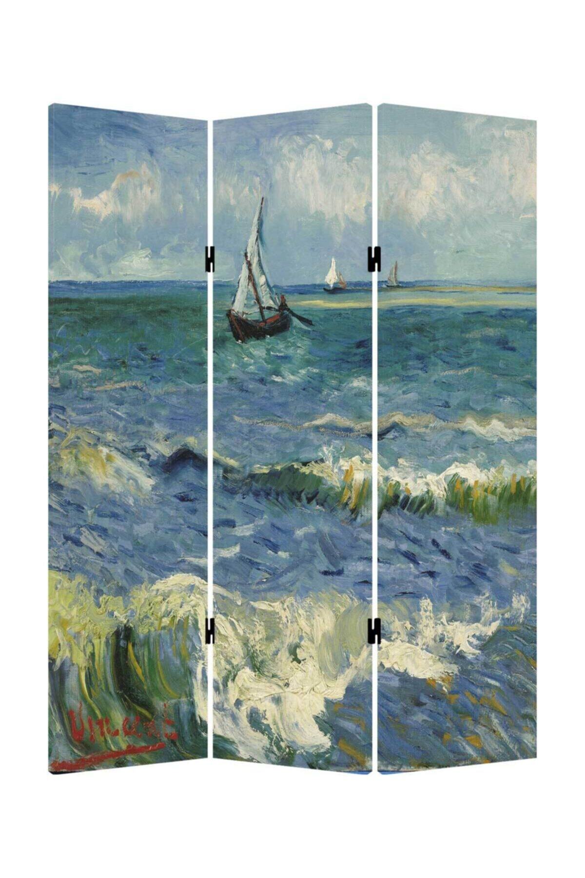 StellaStore Vincent Van Gogh Deniz Manzarası 3 Kanatlı Oda Bölücü Çift Taraflı Kanvas Paravan