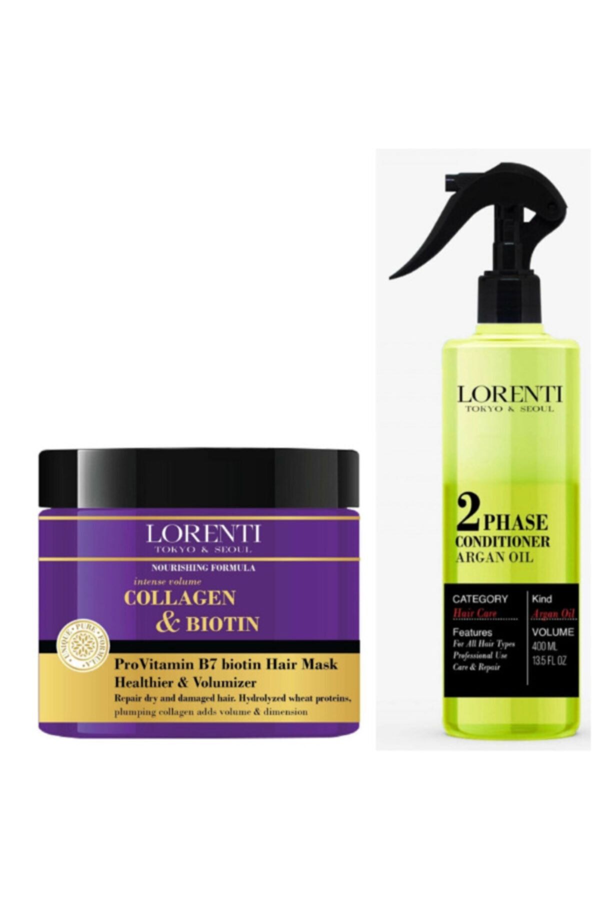 LORENTİ Collagen Saç Maskesi 50 ml ve Argan Yağlı Fön Suyu 400 ml