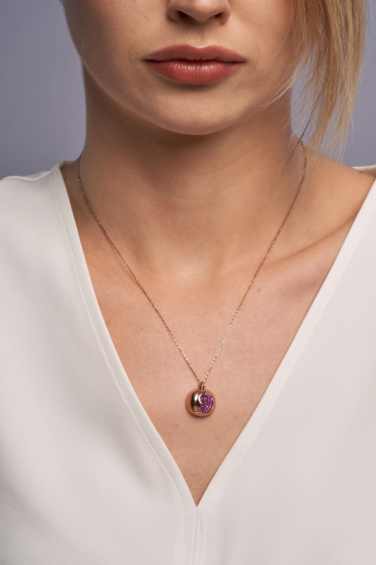 Jewelmim Mor Ametist Renkli Taşlı Nar Motifli 14k Rose Altın Kaplama Kadın Gümüş Kolye