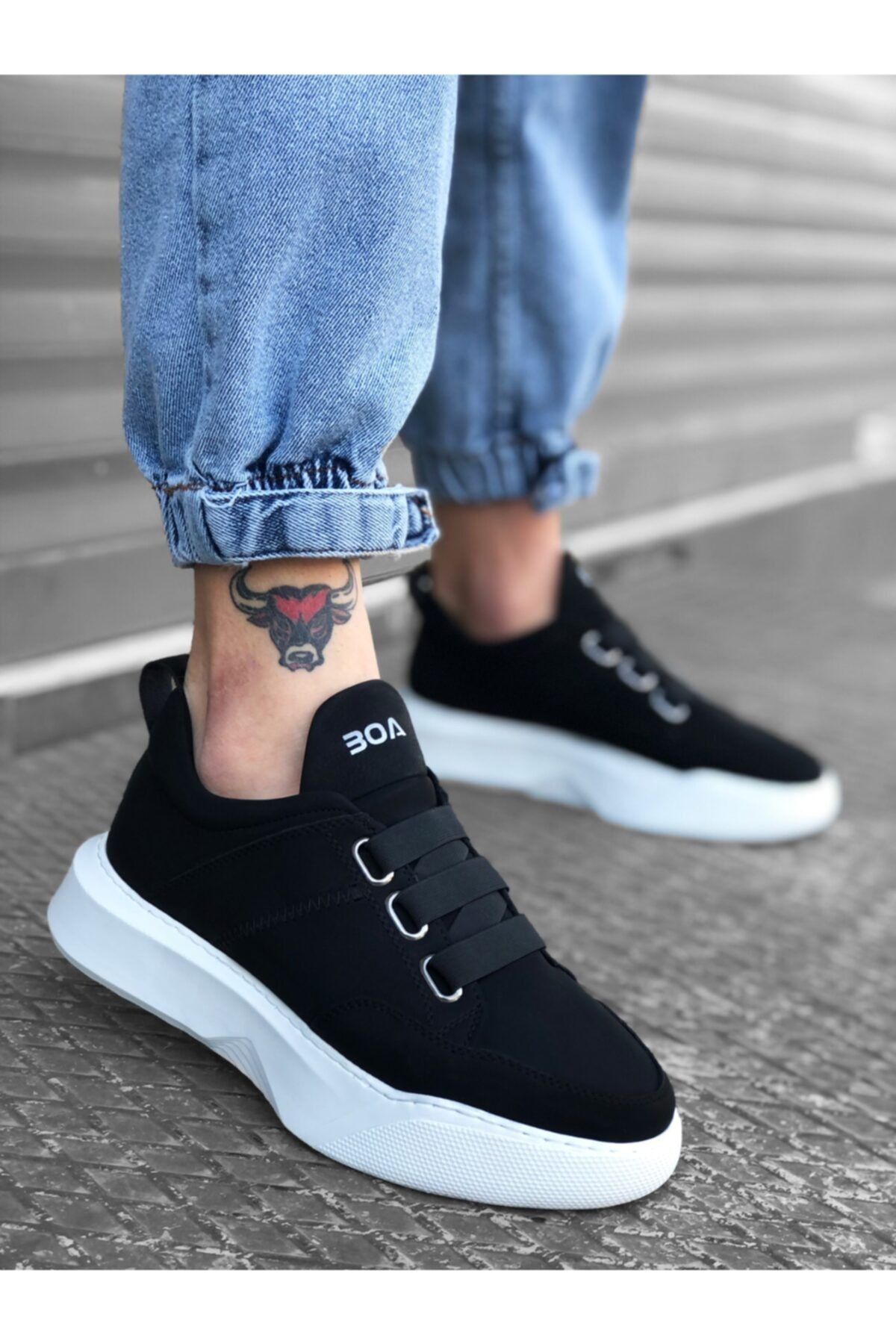 ayakkabıxml Er0160 Bantlı Erkek Yüksek Taban Siyah Beyaz Taban Spor Ayakkabı