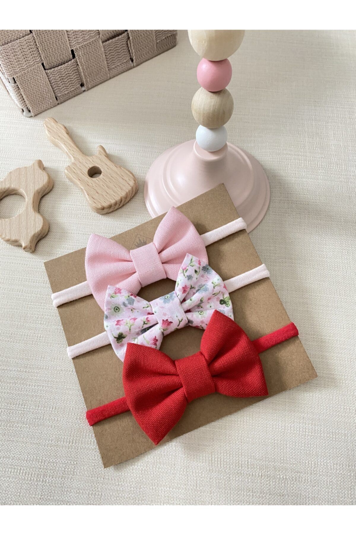 Derinkids 3'lü Pembe Kırmızı Fiyonk Bebek Bandana Seti