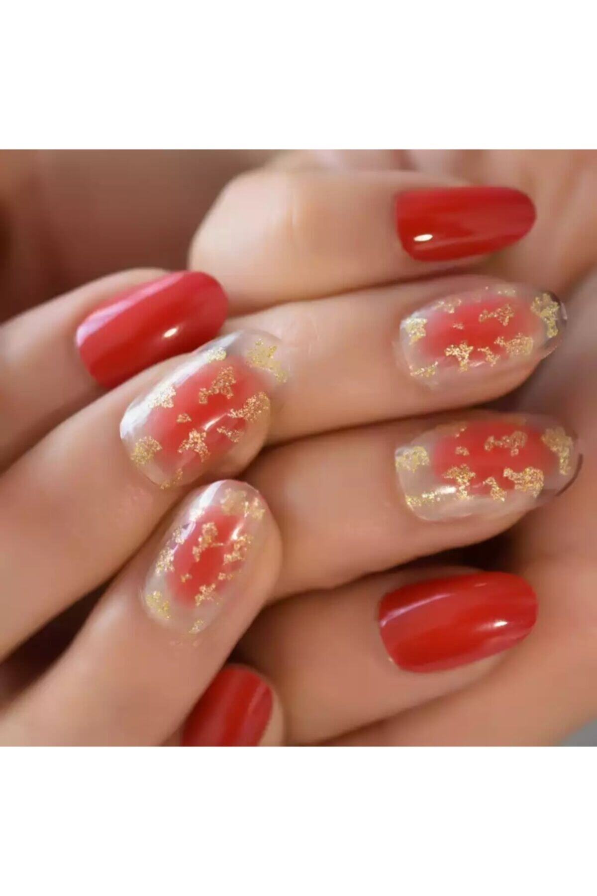 EDA LUXURY BEAUTY Kırmızı Şeffaf Simli Altın Takma Tırnak Lüks Desenli Orta Boy Oval Yuvarlak Stiletto Nail Art Set