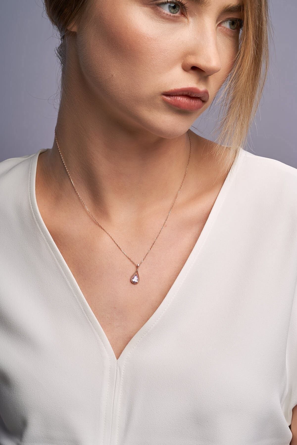 Jewelmim Mor Renkli Damla Taşlı 14k Rose Altın Kaplama Gümüş Kolye
