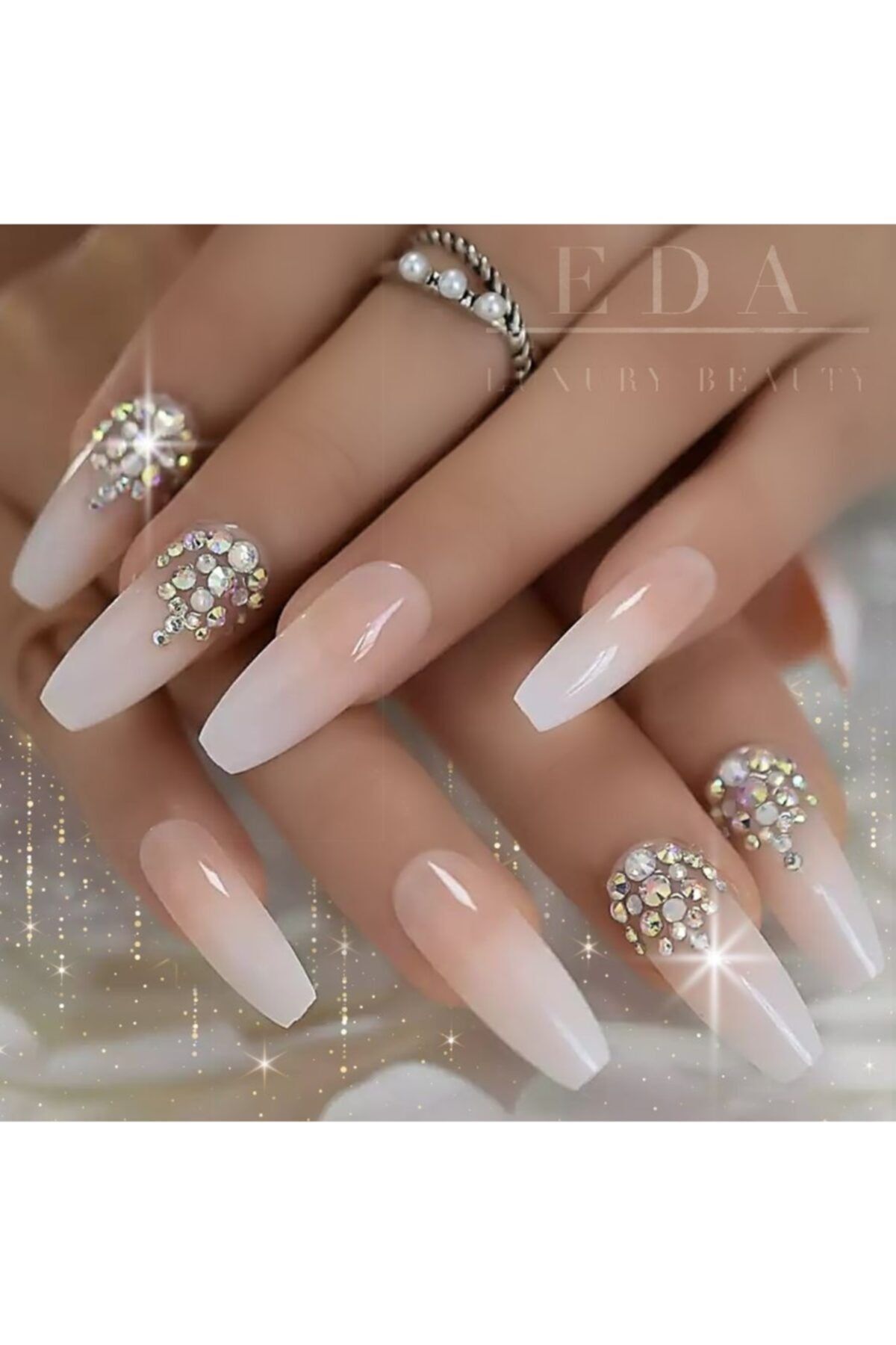 EDA LUXURY BEAUTY Doğal Pembe Beyaz French Takma Tırnak Lüks 3d Kristal Taşlı Desenli Extra Uzun Kare Nail Art Set