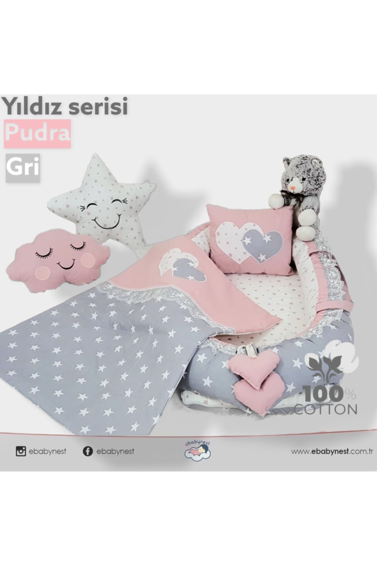 ebabynest Bigstar Serisi Gri Yıldız Pembe Babynest Set Kalp Tasarım