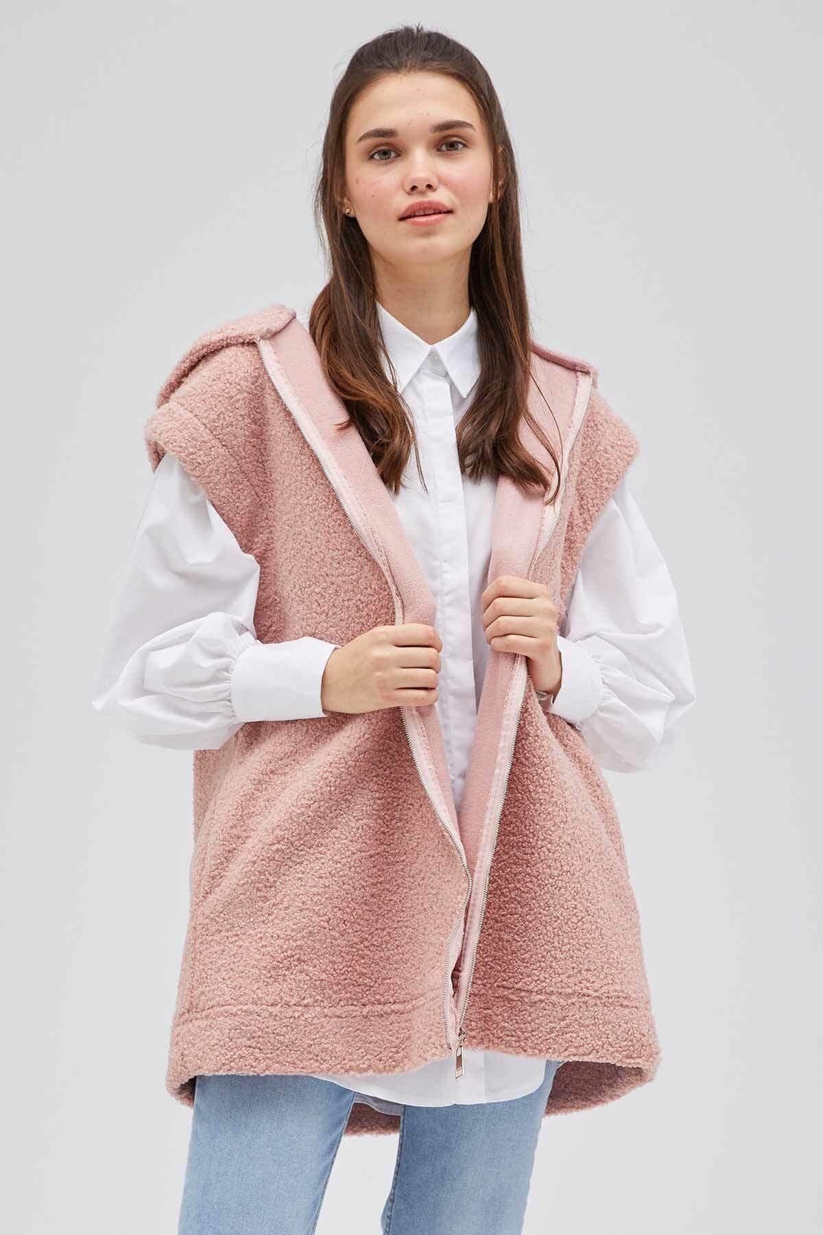 Hooopstore Kapüşonlu Teddy Yelek - Pudra