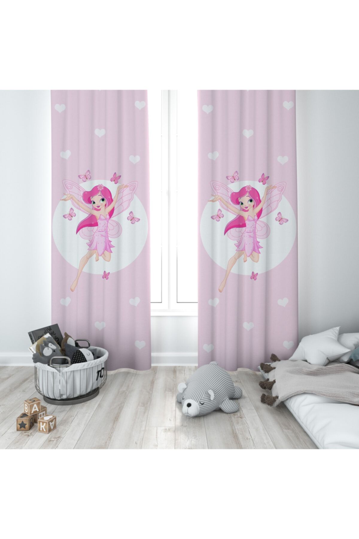 MEKTA HOME Çocuk Ve Bebek Odası Pembe Kelebekli Peri Kızı Fon Perde Mktcfp 005