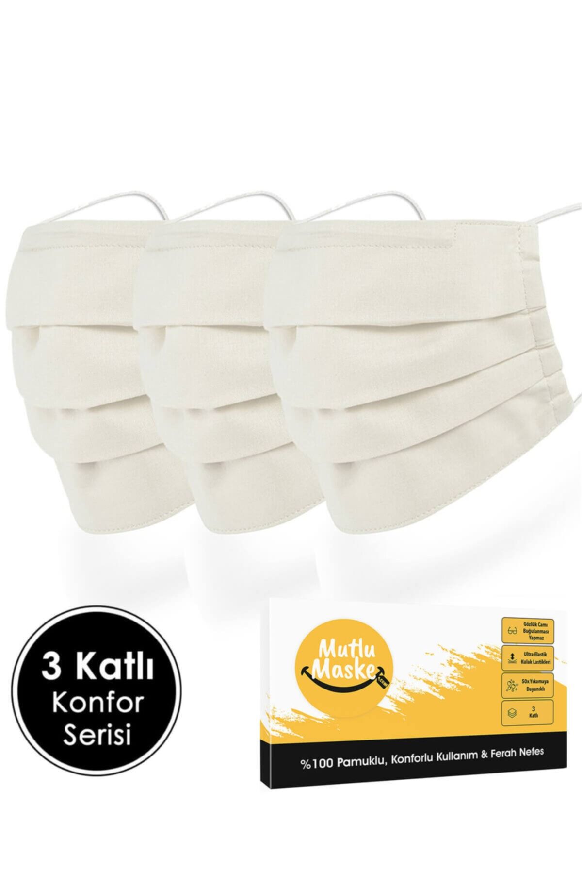 Mutlu Maske Konfor Serisi 3 Katlı Burun Telli Unisex Pamuklu Kumaş Beyaz Yıkanabilir Bez Maske 3'lü Paket