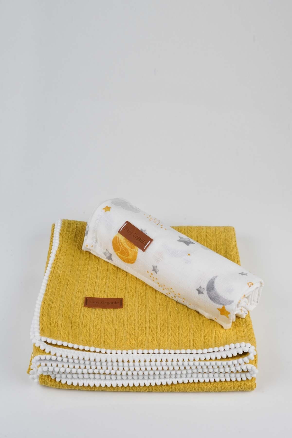 baby organic %100pamuklu Örgü Desen Bebek Pikesi Hardal 110x110cm Ve Müslin Örtü Seti / Müslin Omuz Örtü Hediyeli