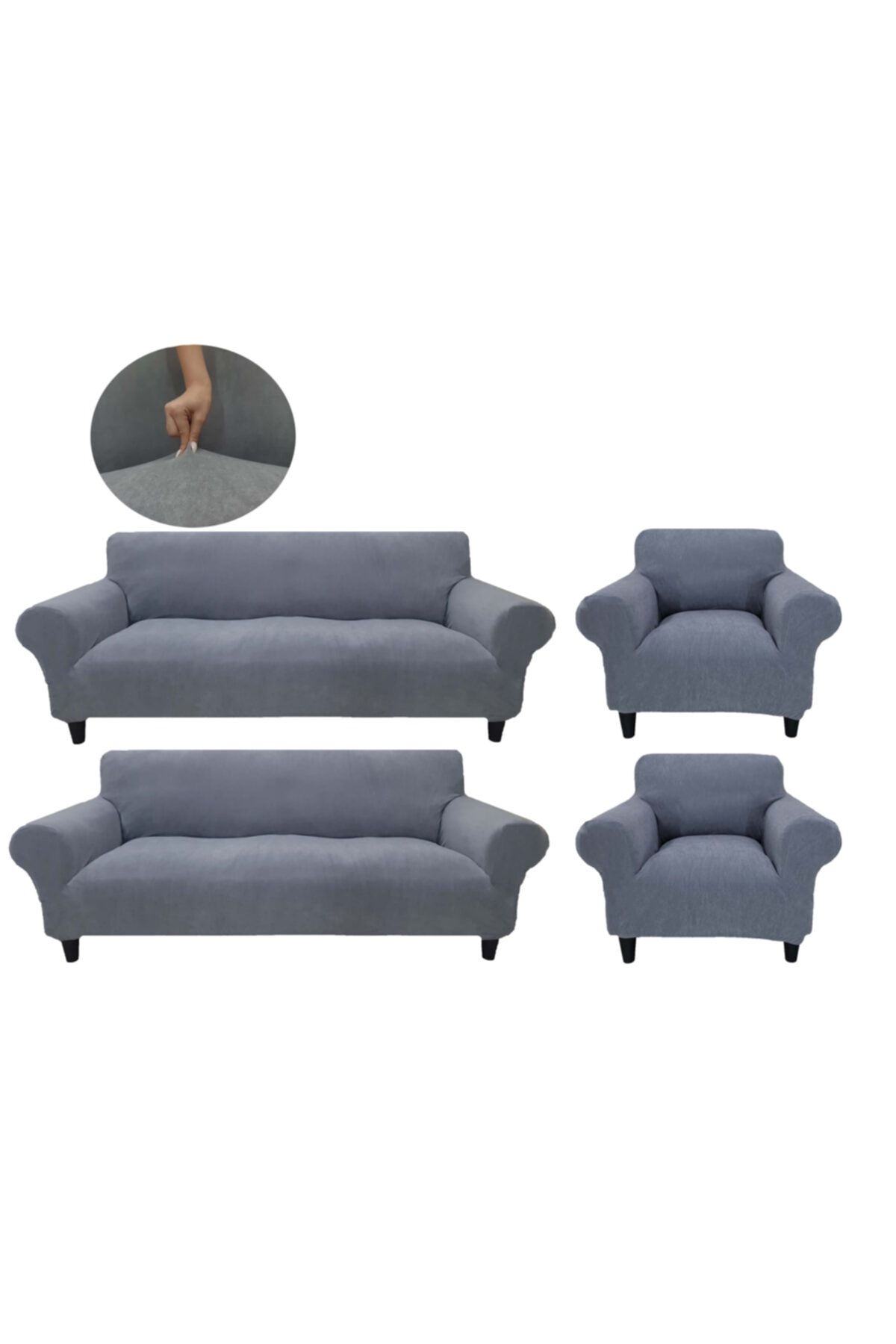 KILIFSAN Kadife Streç Kumaş Koltuk Kılıfı Takımı ( 3+3+1+1 Set ) Gri Renk