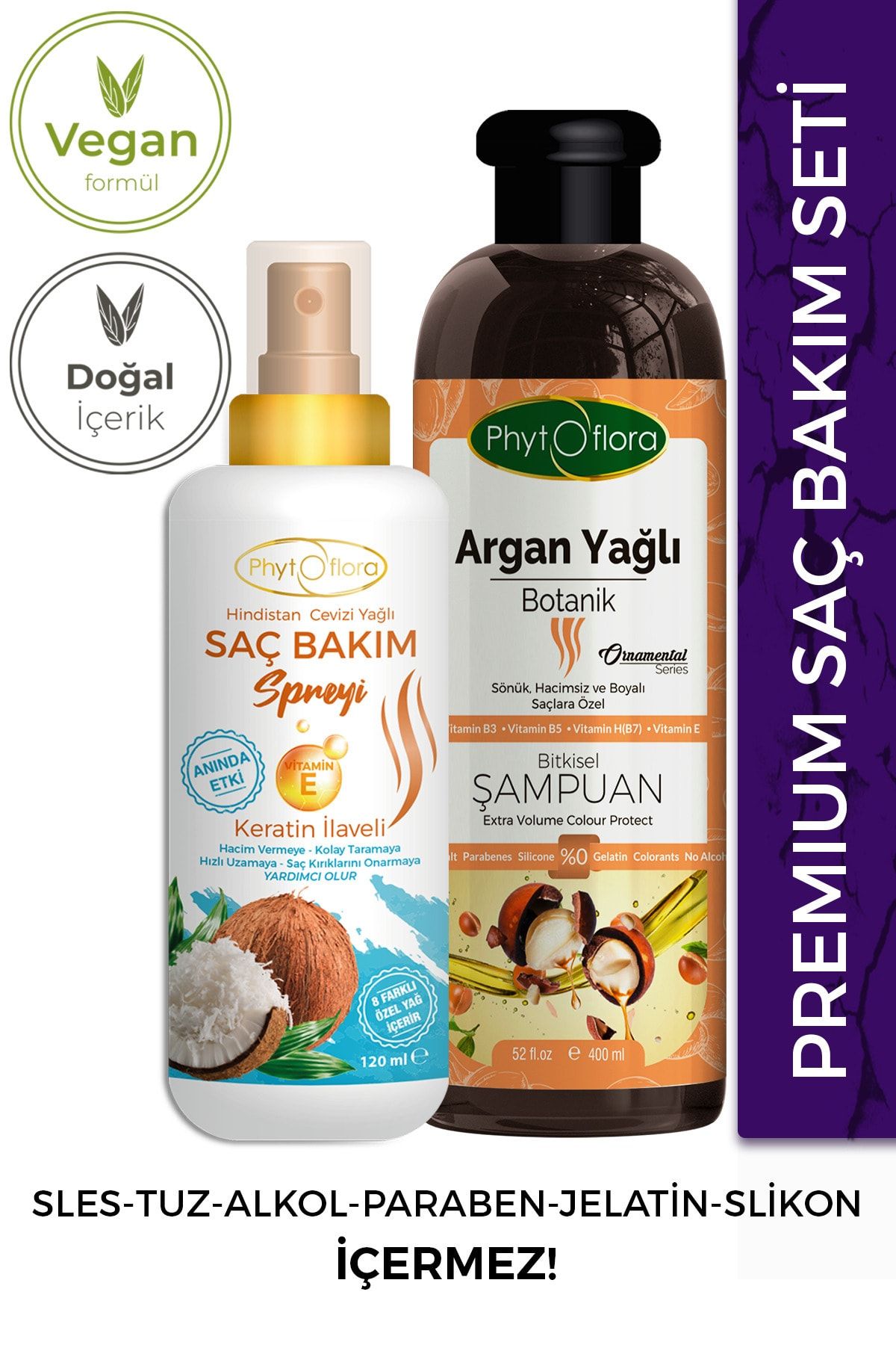 Phytoflora 2'li Set Argan Özlü Doğal Şampuan Ve Hindistan Cevizi Yağlı Saç Spreyi