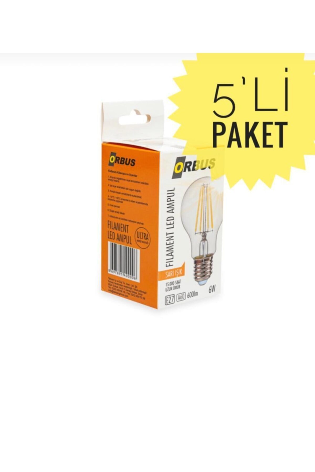 ORBUS Şeffaf E27 6w Duy A60 Sarı Işık Rustik Led Ampul