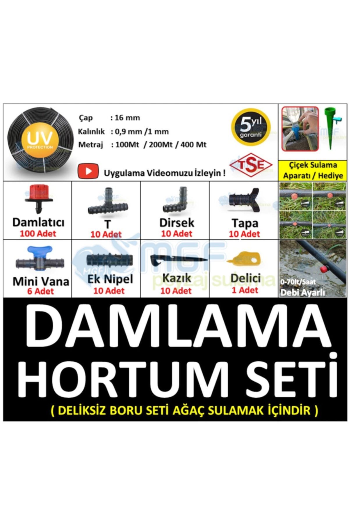 MGF PLAST 100mt. Deliksiz Damlama Sulama Borusu Malzemeleri Hazır Bahçe Hortum Sulama Seti