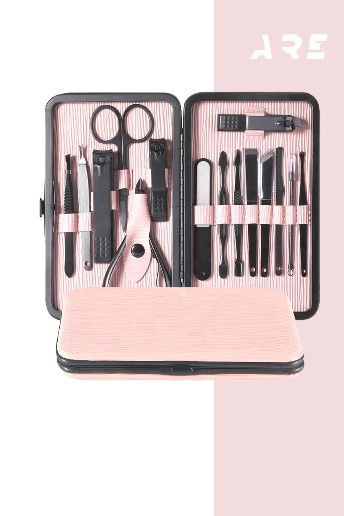 ARE 15 Parça Çantalı Lüks Manikür Pedikür Tırnak Yüz Bakım Seti - Pembe