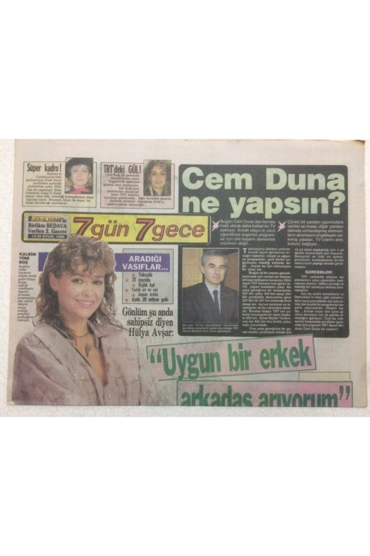 Gökçe Koleksiyon Gölge Adam Gazetesi 7 Gün 7 Gece Eki 13/20 Eylül 1987 - Hülya Avşa,uygun Bir Erkek Arkadaş Arıyorum