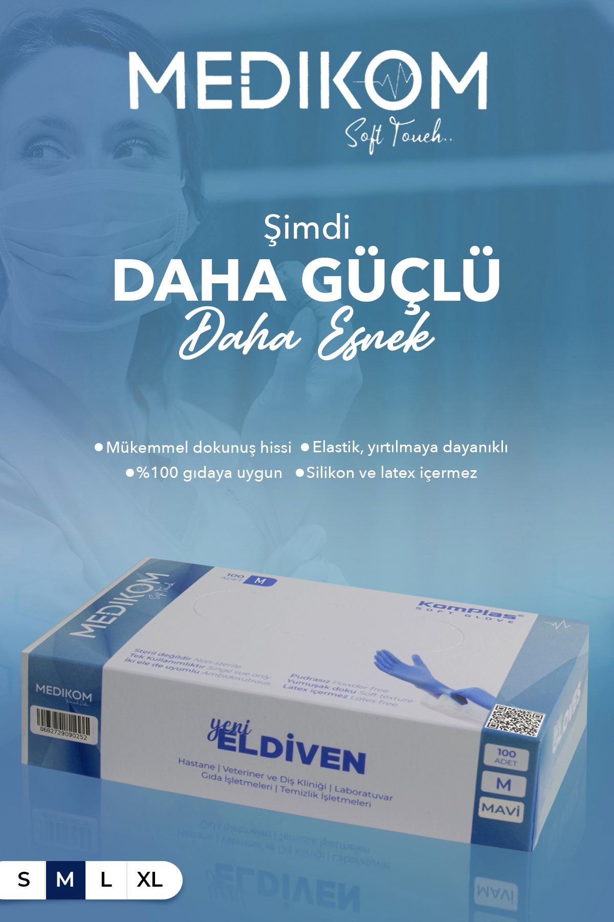 MEDİKOM Soft Glove %100 Tpe Eldiven 100'lü Pudrasız Mavi Medıum