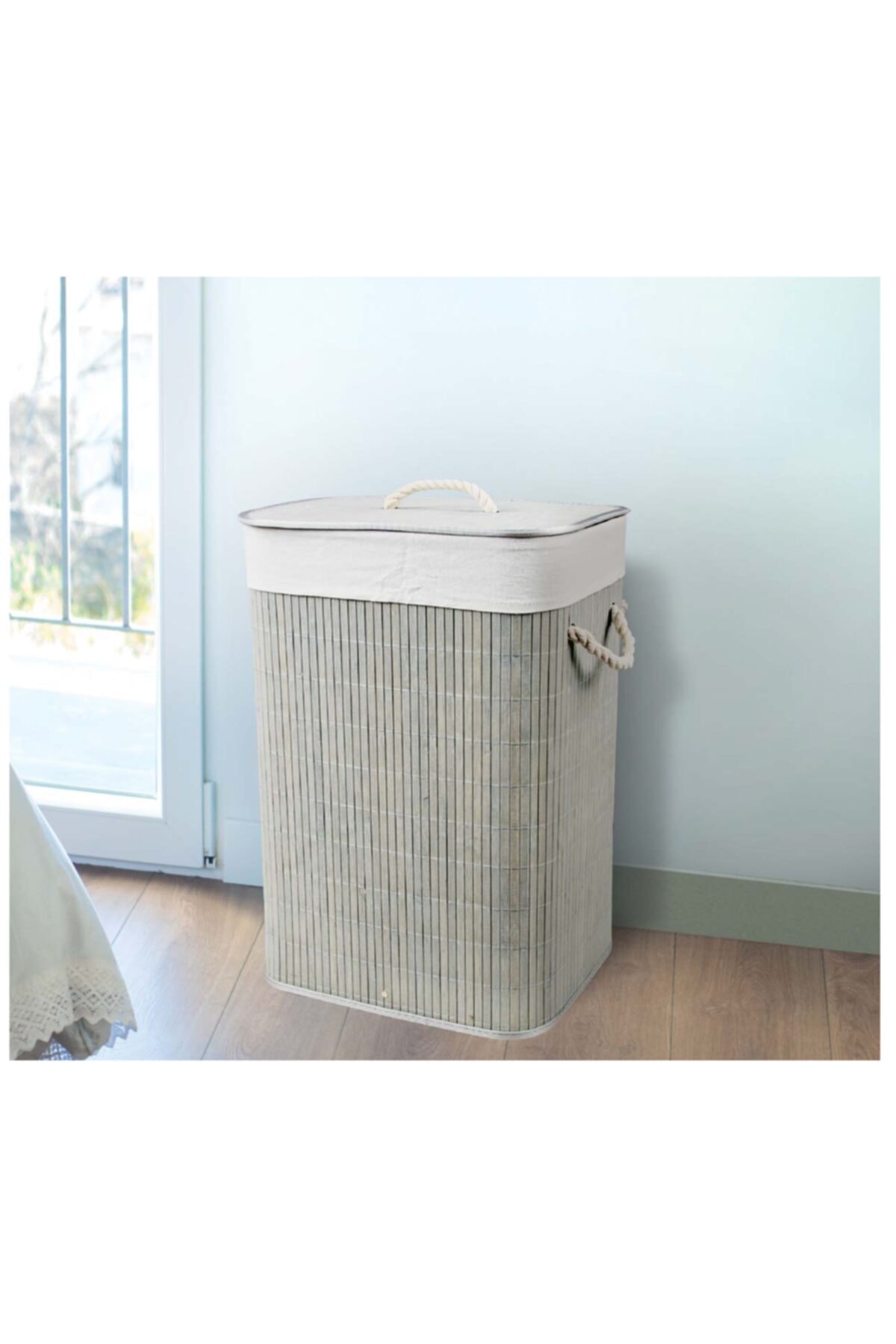 Lorin Bambu Tek Hazneli Gri Tekli Kirli Çamaşır Sepeti Katlanabilir 72 Lt