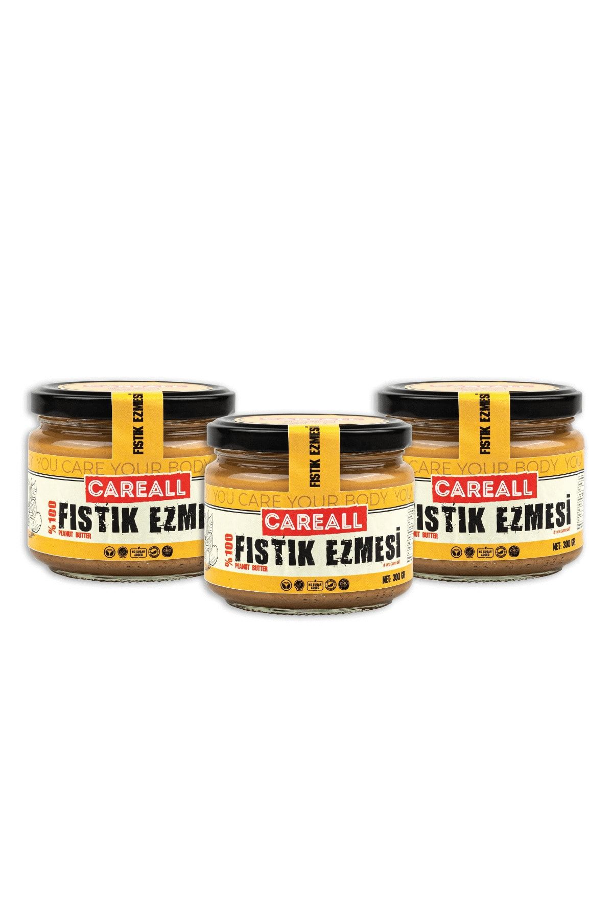 CAREALL Şekersiz %100 Fıstık Ezmesi 3'lü Paket 3x300 gr (PARÇACIKLI)