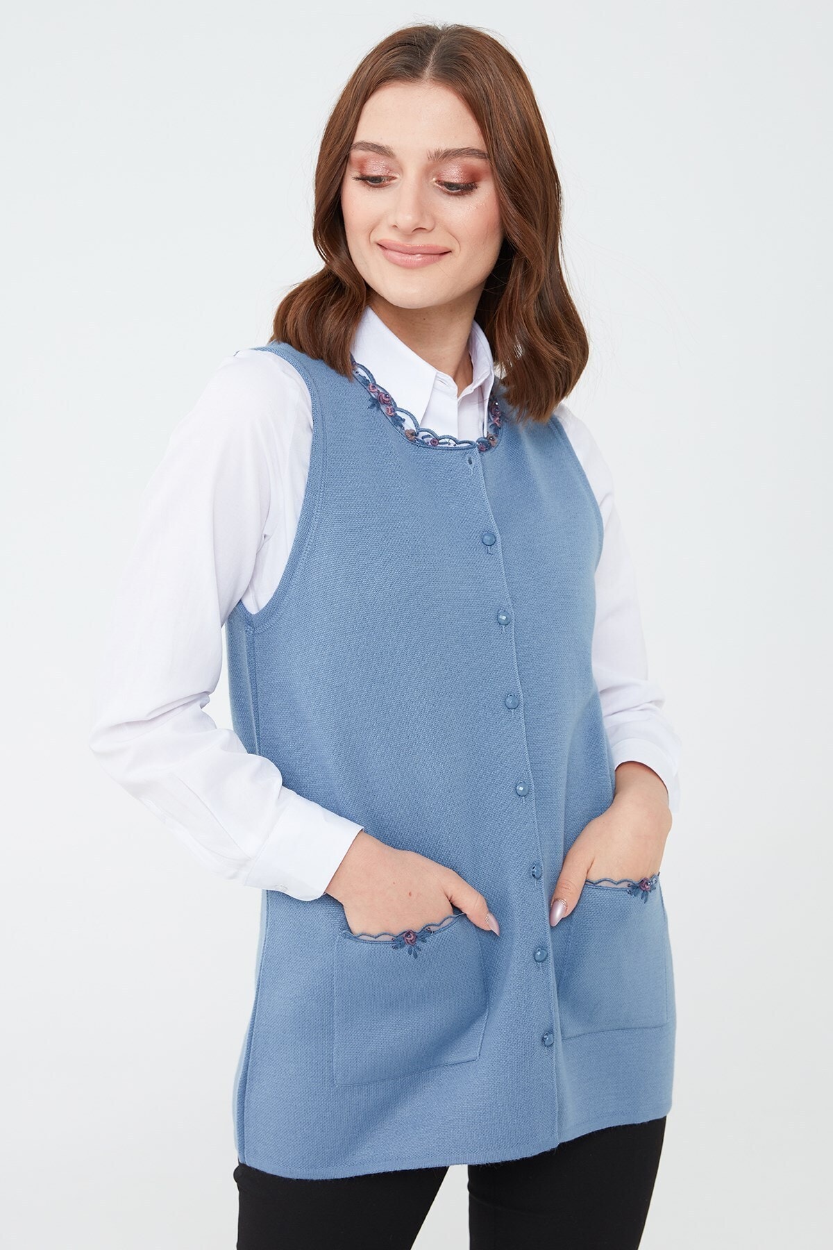 Desen Triko Kadın Sıfır Yaka Yelek