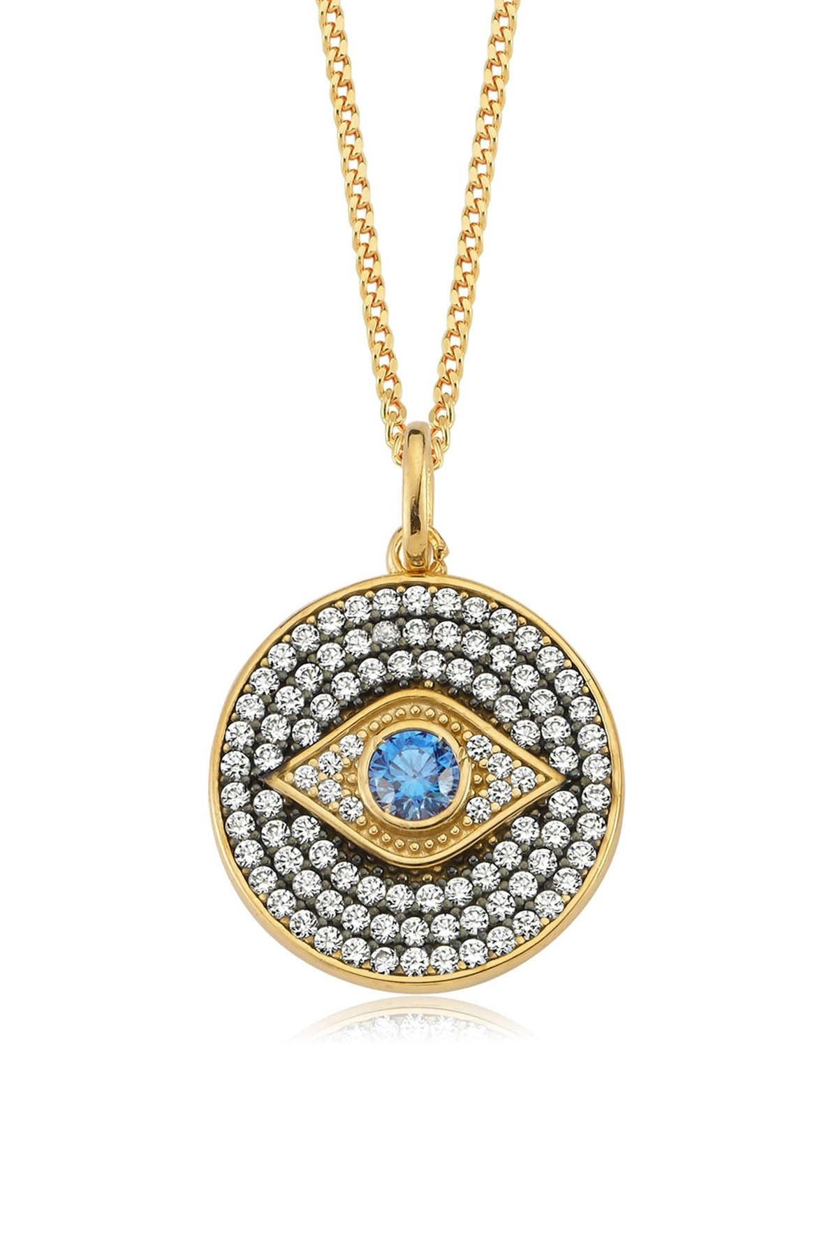 Valori Jewels Madalyon Nazar Gözü, Zirkon Mavi Ve Beyaz Taşlı, Altın Rengi Gümüş Kolye