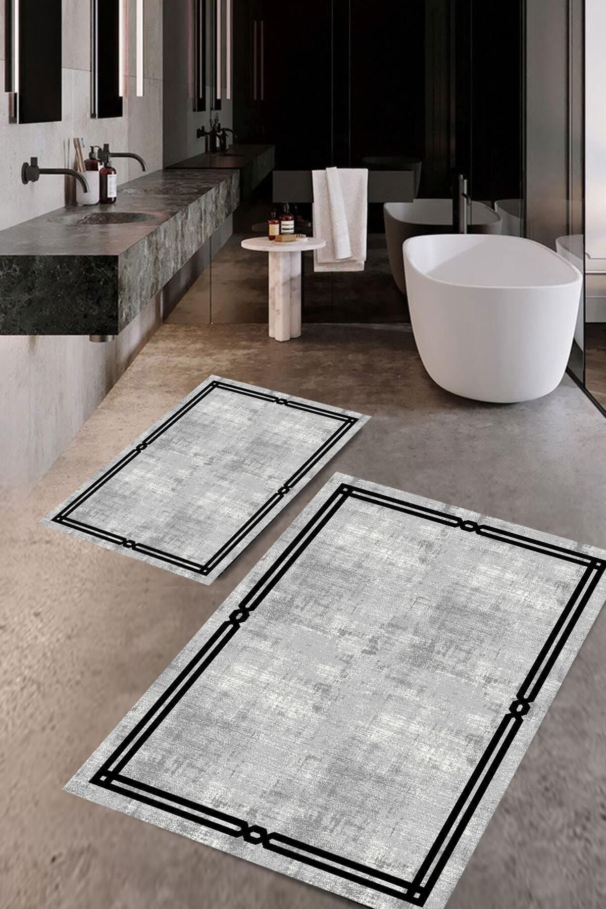 Melidia Halı Damla Modern Yıkanabilir 2li Banyo Halısı Paspas Klozet Takımı Kaymaz Taban Gri Ve Siyah Renkli
