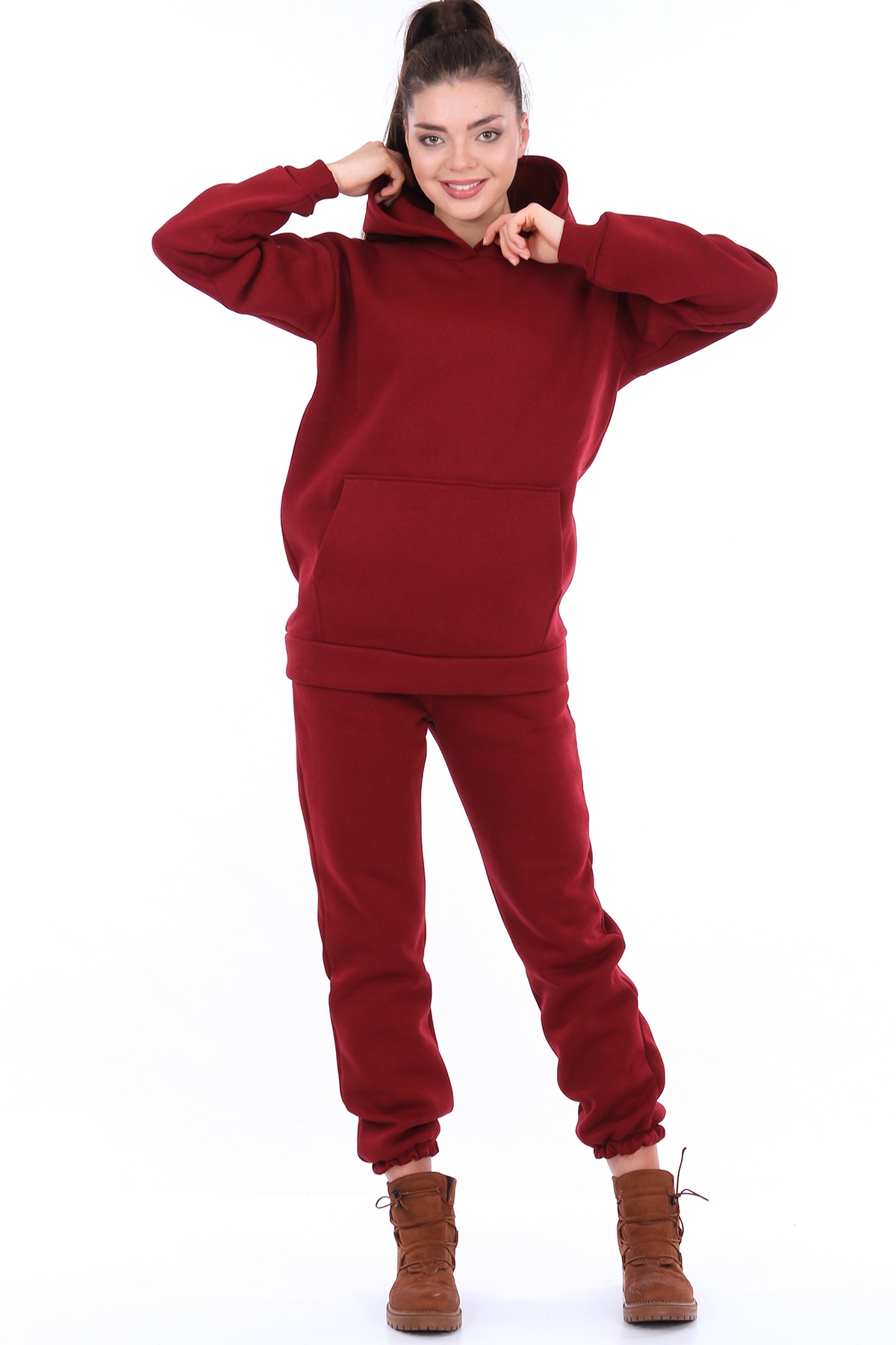 LC LACASE Kadın Unisex Kapüşonlu Bordo 3 Iplik Oversize Eşofman Takımı