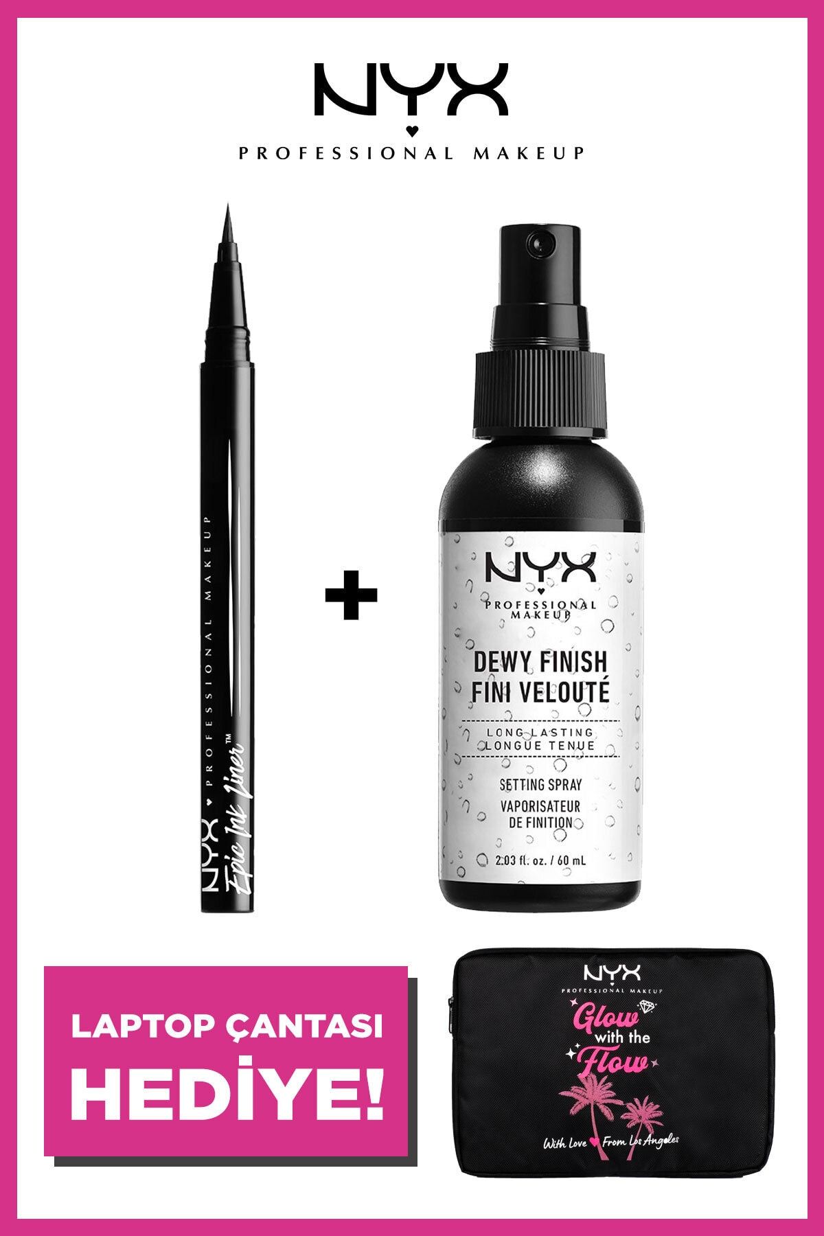 NYX Professional Makeup Epic Ink Siyah Eyeliner & Makeup Setting Spray Dewy + Laptop Çantası