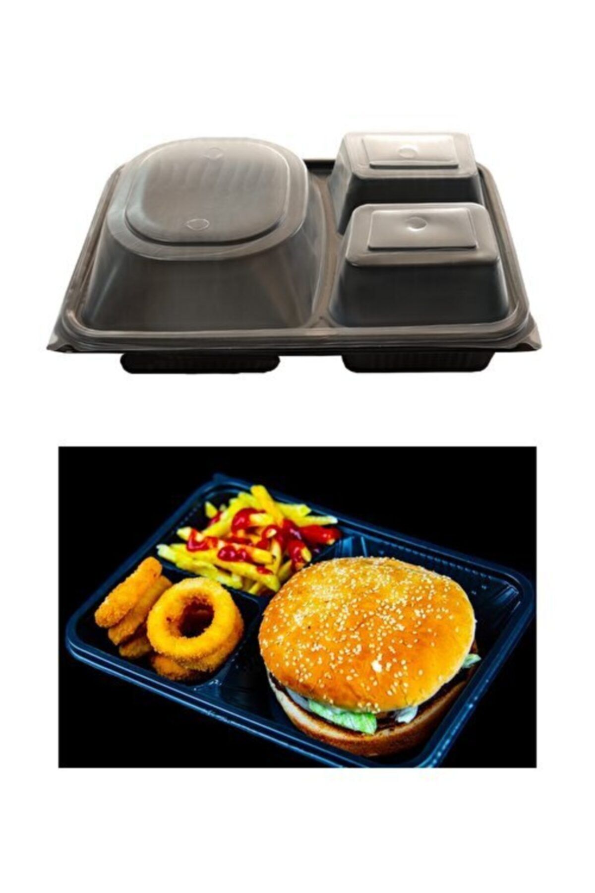 VEMPİ 3 Gözlü Hamburger Kabı Seti Kapaklı Mikrodalga Fırına Uygun Gıda Kabı 50'li