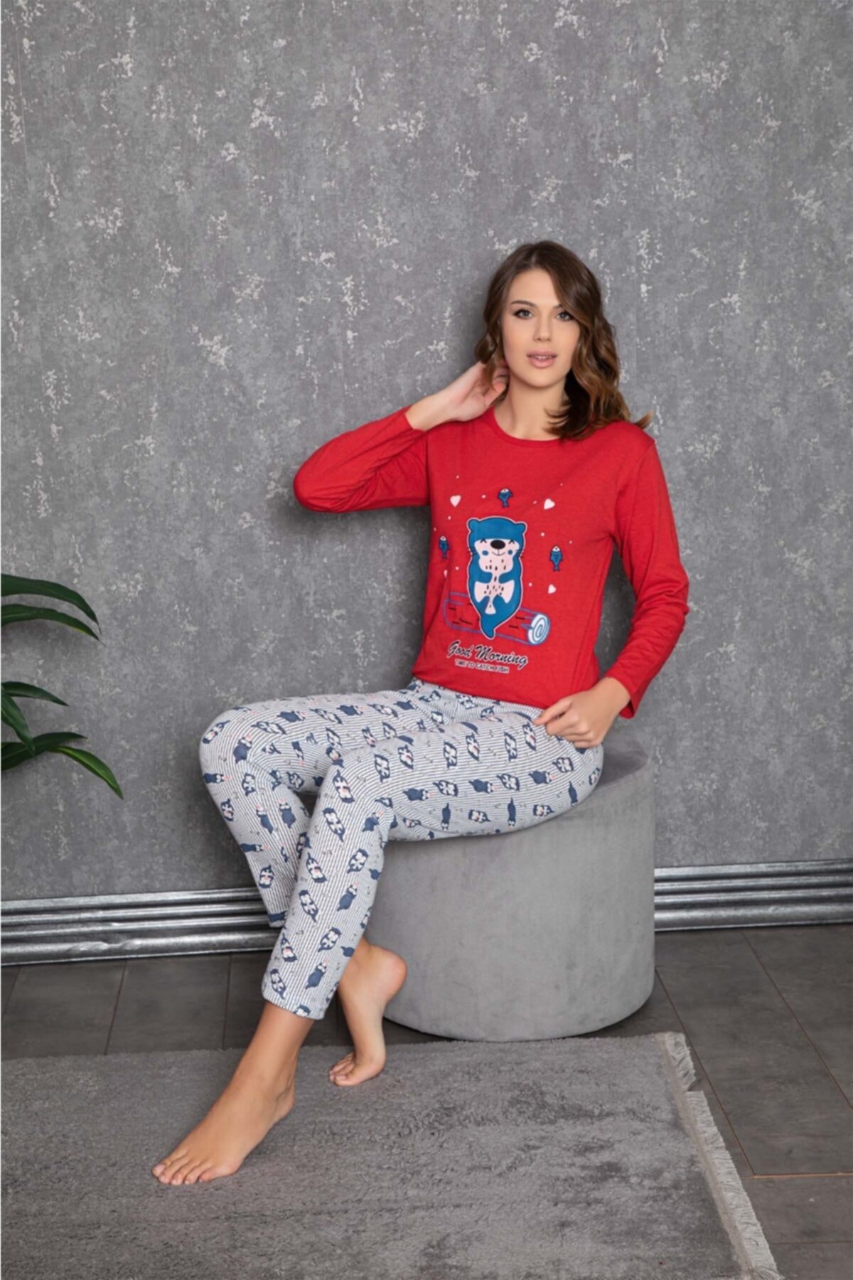 Alinaa Kadın Kırmızı Desenli Uzun Kollu Pijama Takımı