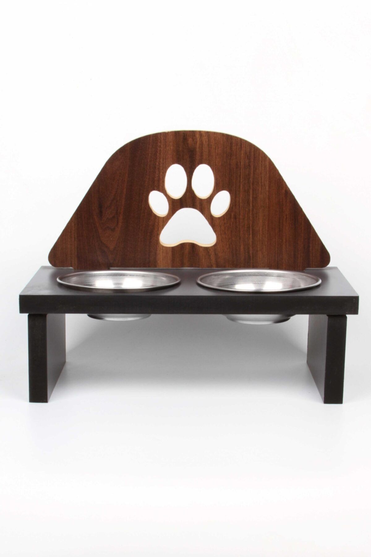 BHM Store Mama Kabı Pati Desenli Ahşap Çelik Kaseli Kedi Köpek Mama Ve Su Kabı