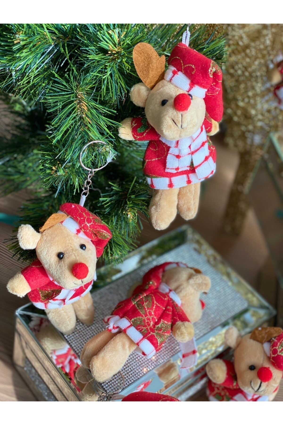 QUEEN AKSESUAR Yeni Yıl Yılbaşı Büyük Peluş Geyikli Noel Geyiği Anahtarlık Süs Simli Parlak Kostümlü Hediyelik Eşya
