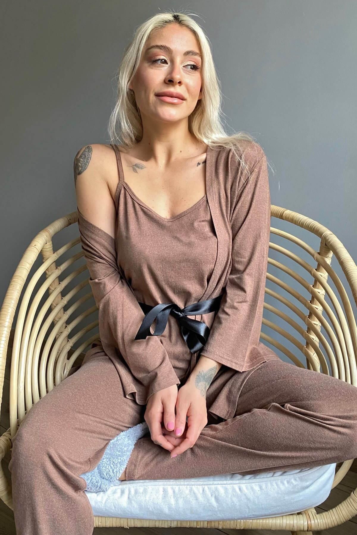 Pijamaevi Kahverengi Sabahlıklı Bambu Kadın Pijama Takımı