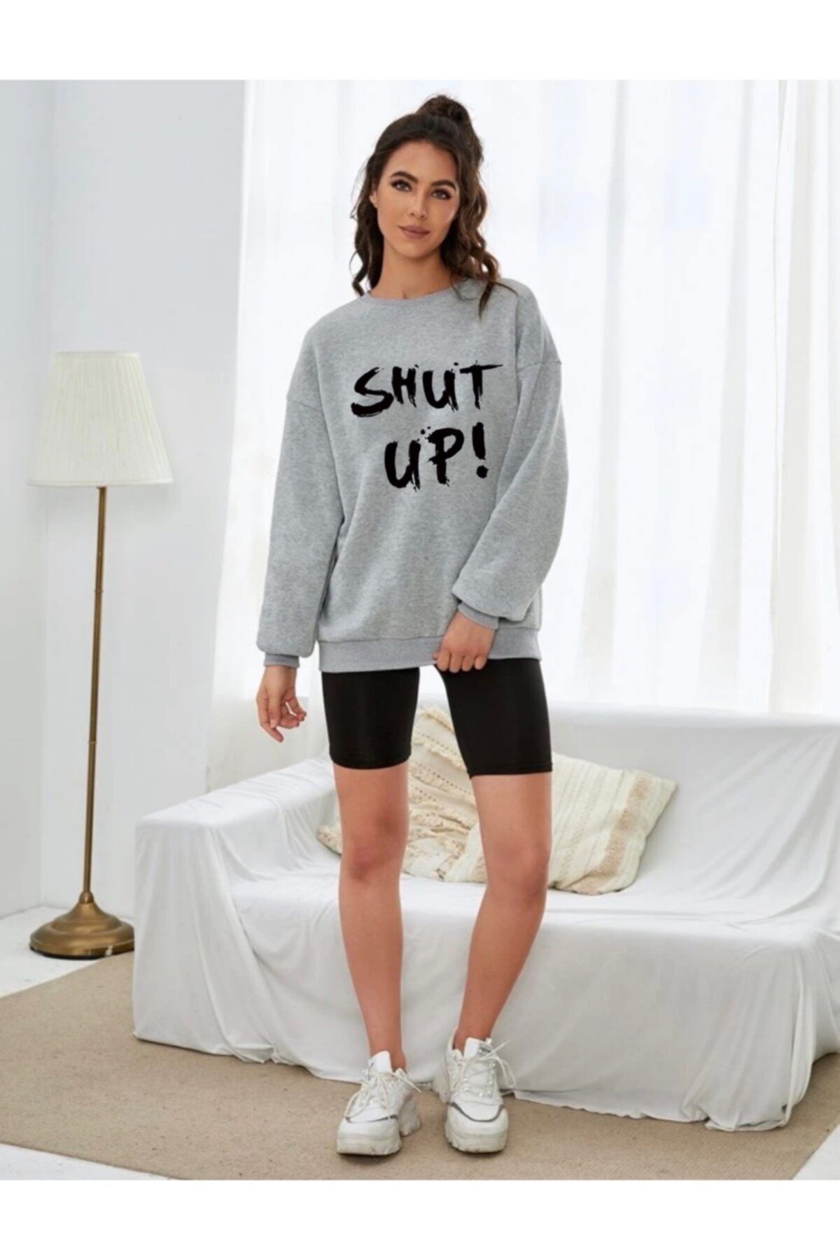AFROGİYİM Kadın Oversize Gri Shut Up Baskılı Sweatshirt