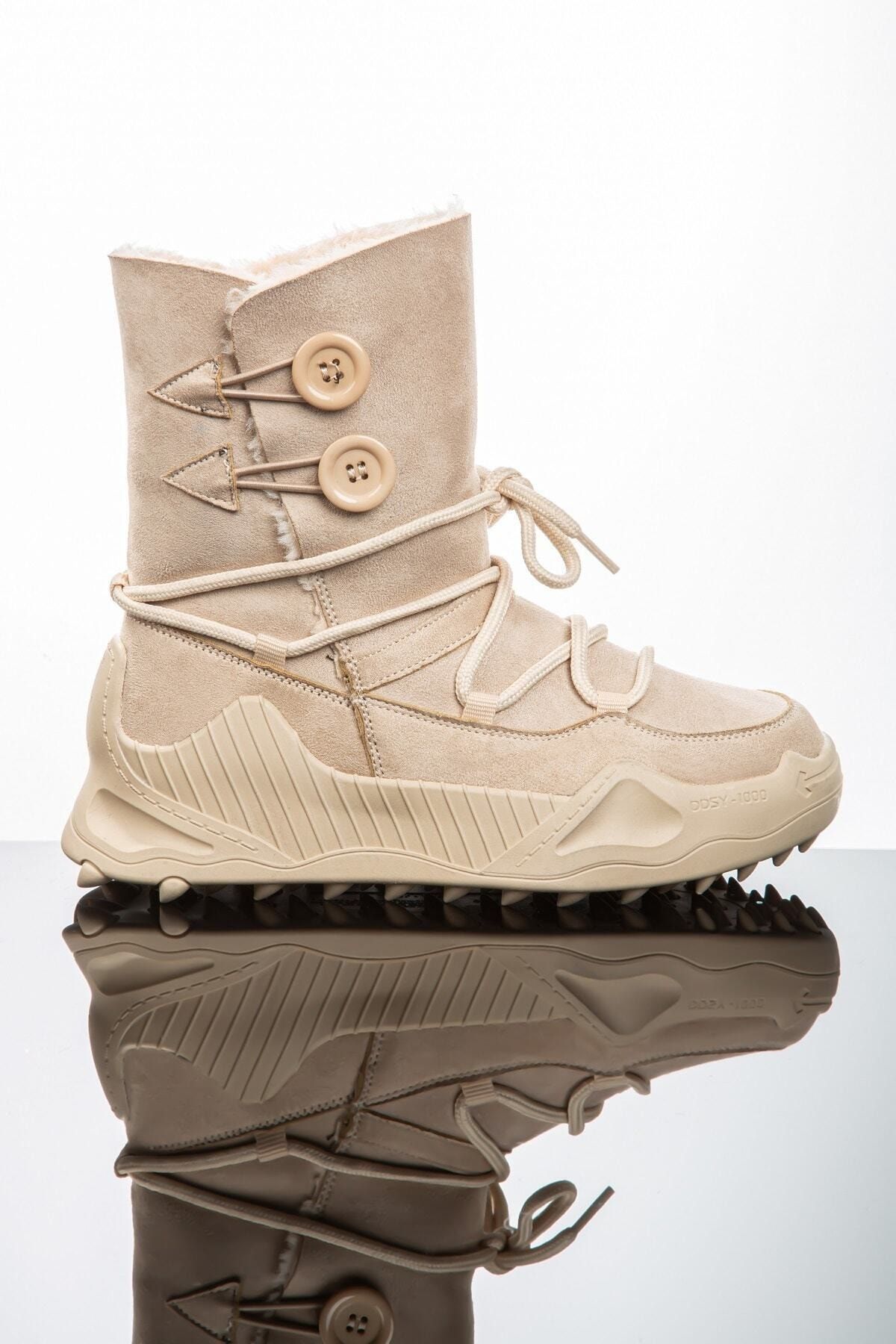 Allyup Imershoes Kadın Günlük Süet Bot Bootie Postal Kışlık Içi Kürklü Düğmeli Bağcıklı Kaymaz Yüksek Taban