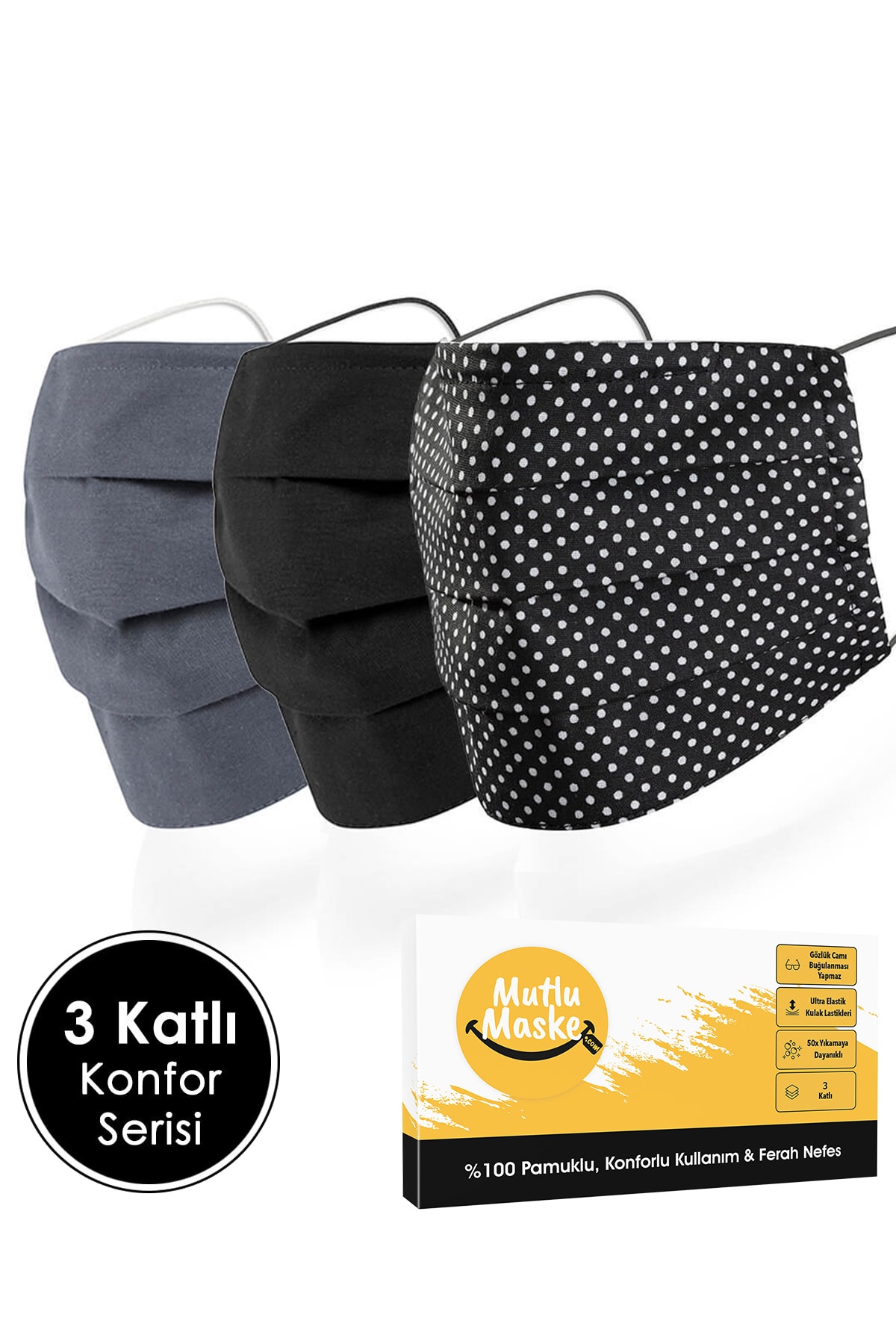Mutlu Maske Konfor Serisi Gri Siyah Renkli Puantiyeli Desenli Telli Pamuklu Kumaş Yıkanabilir Bez Maske 3'lü Set