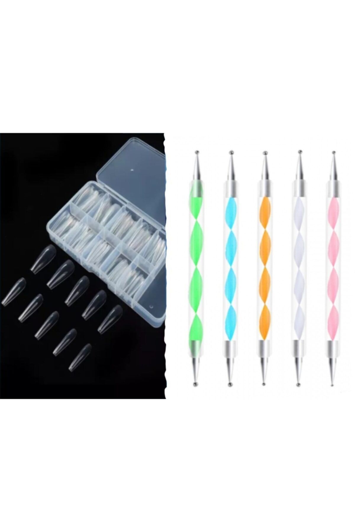 SİNKA Tırnak Nail Art Kalemi 5'li Dot Set + 20 Adet Balerin Şeffaf Takma Tırnak Set