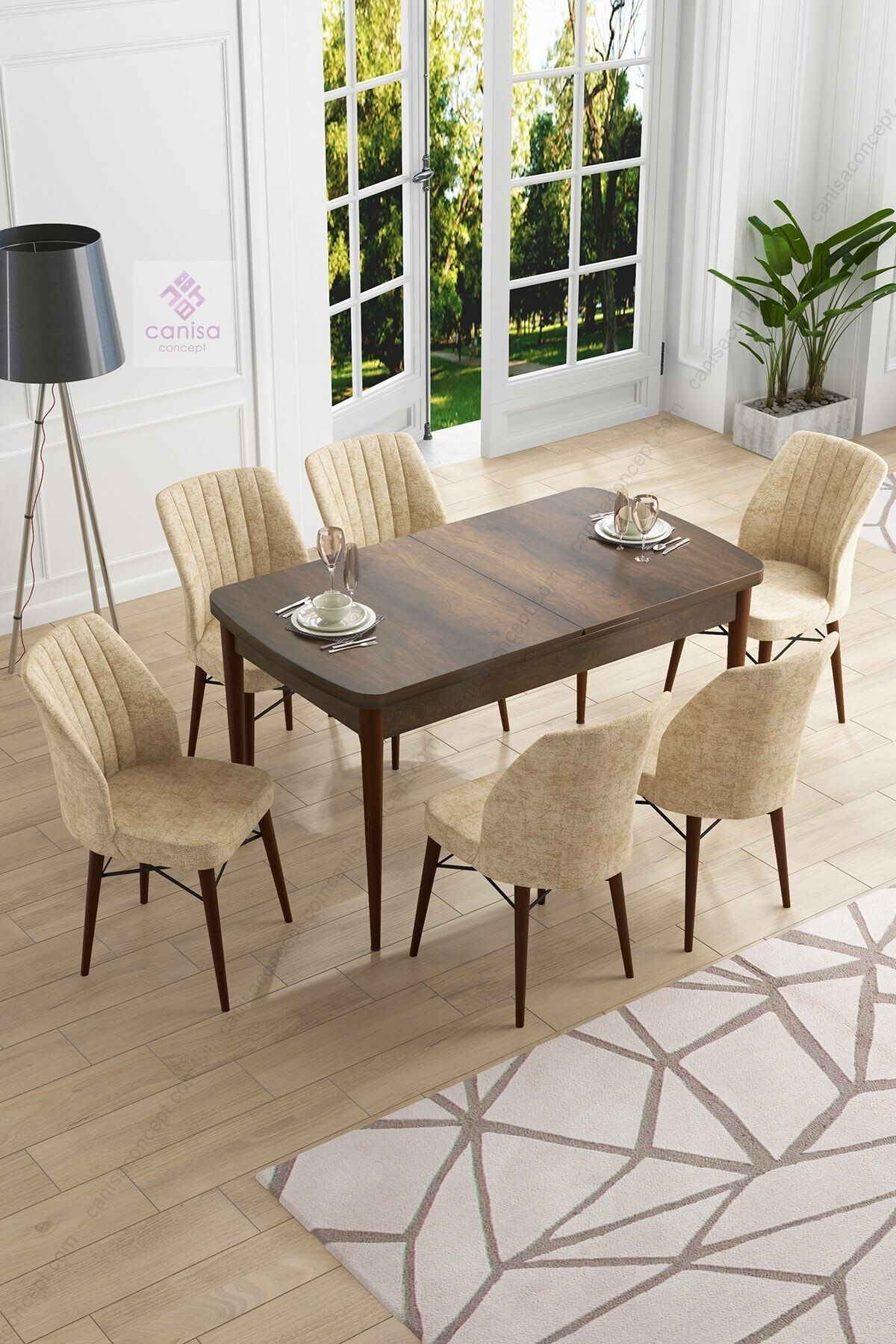Canisa Concept Eva Serisi Mdf Barok Ahşap Desenli Açılabilir Barok Masa Ve 6 Krem Sandalye Mutfak Takımı