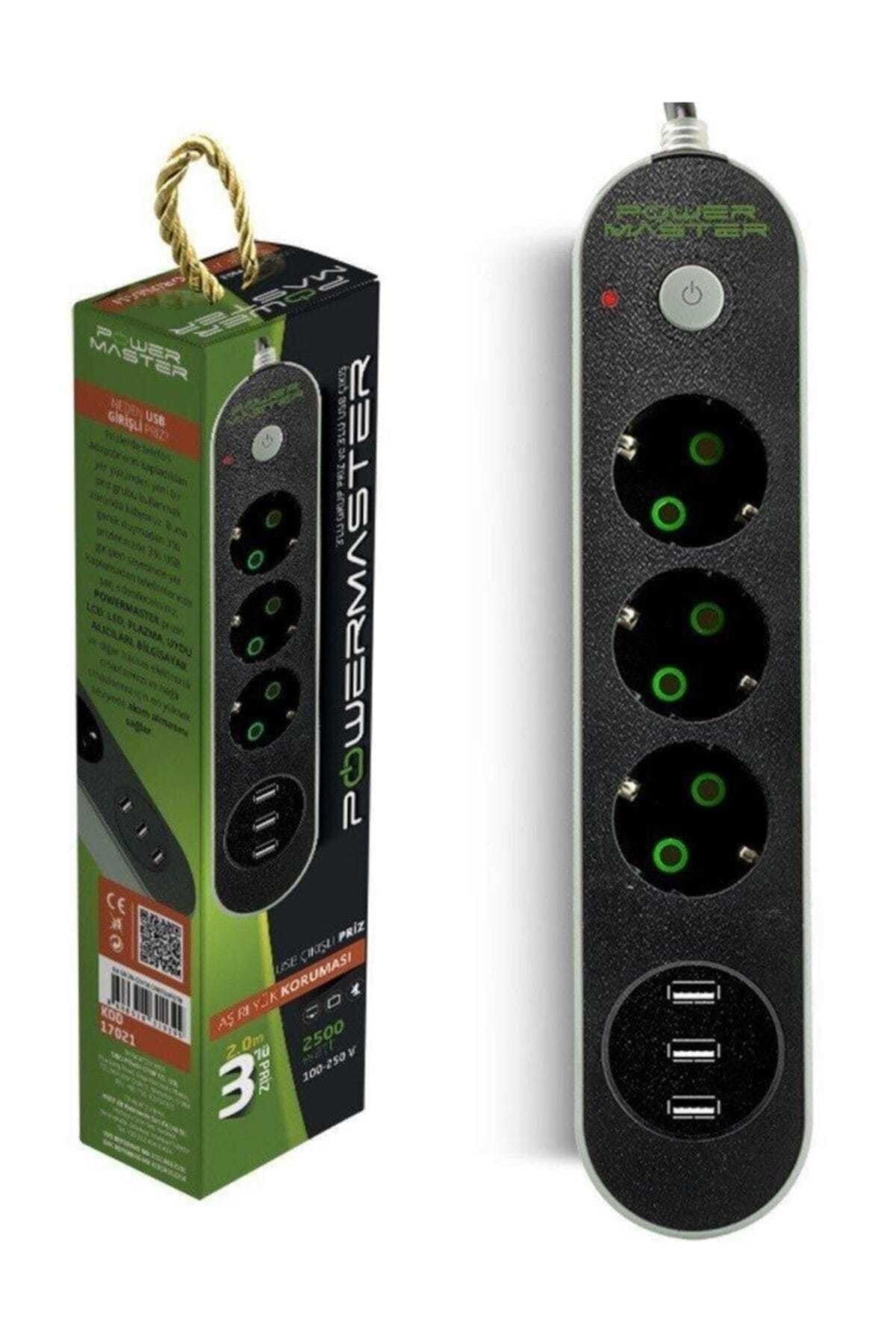 Powermaster Usb Çıkışlı 3'lü 2 Metre Kablolu Akım Korumalı Priz 10a-2500 Watt