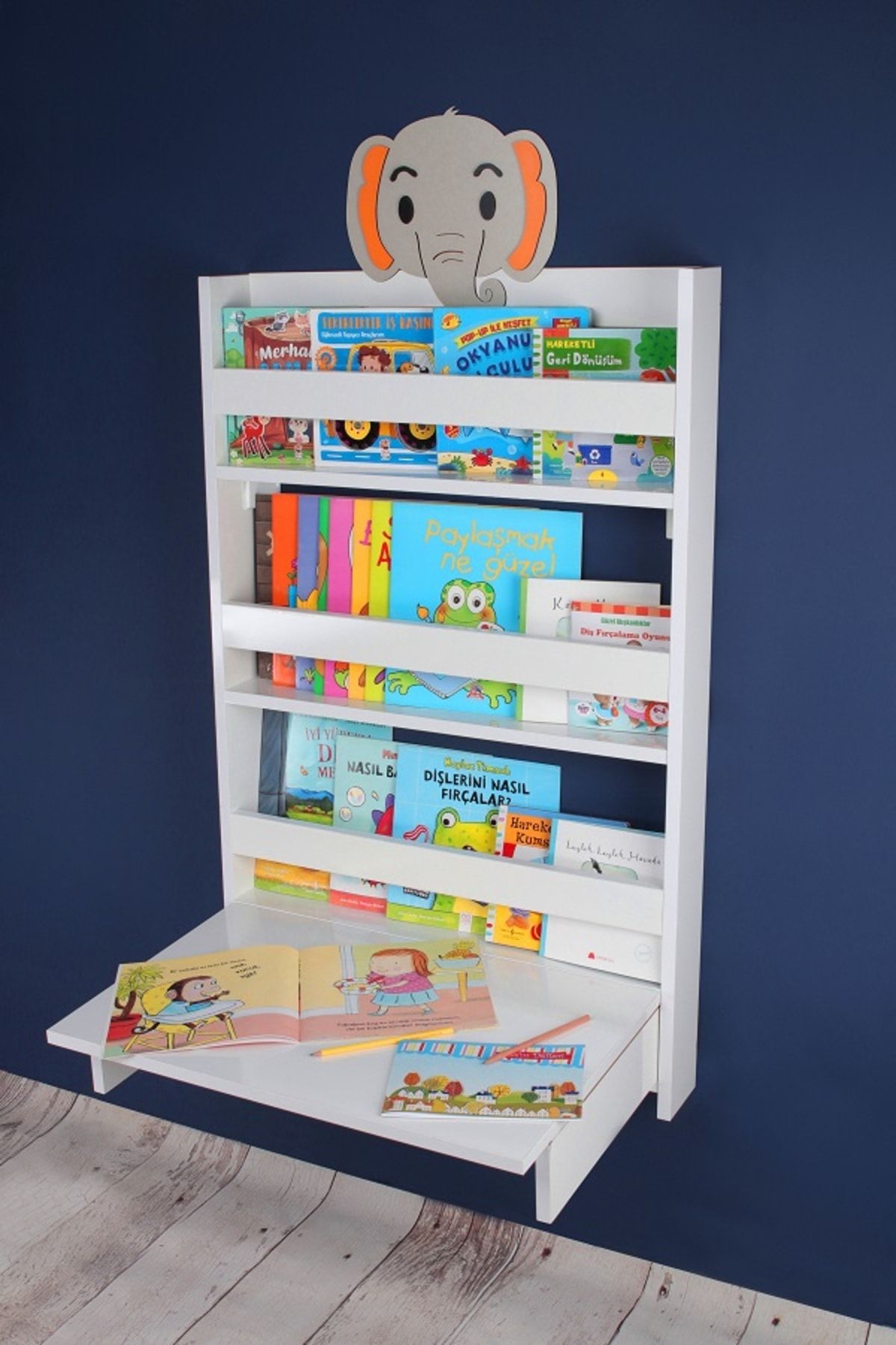 KUMSORİ Fil Figürlü 3 Raflı Katlanır Masalı Eğitici Montessori Kitaplık