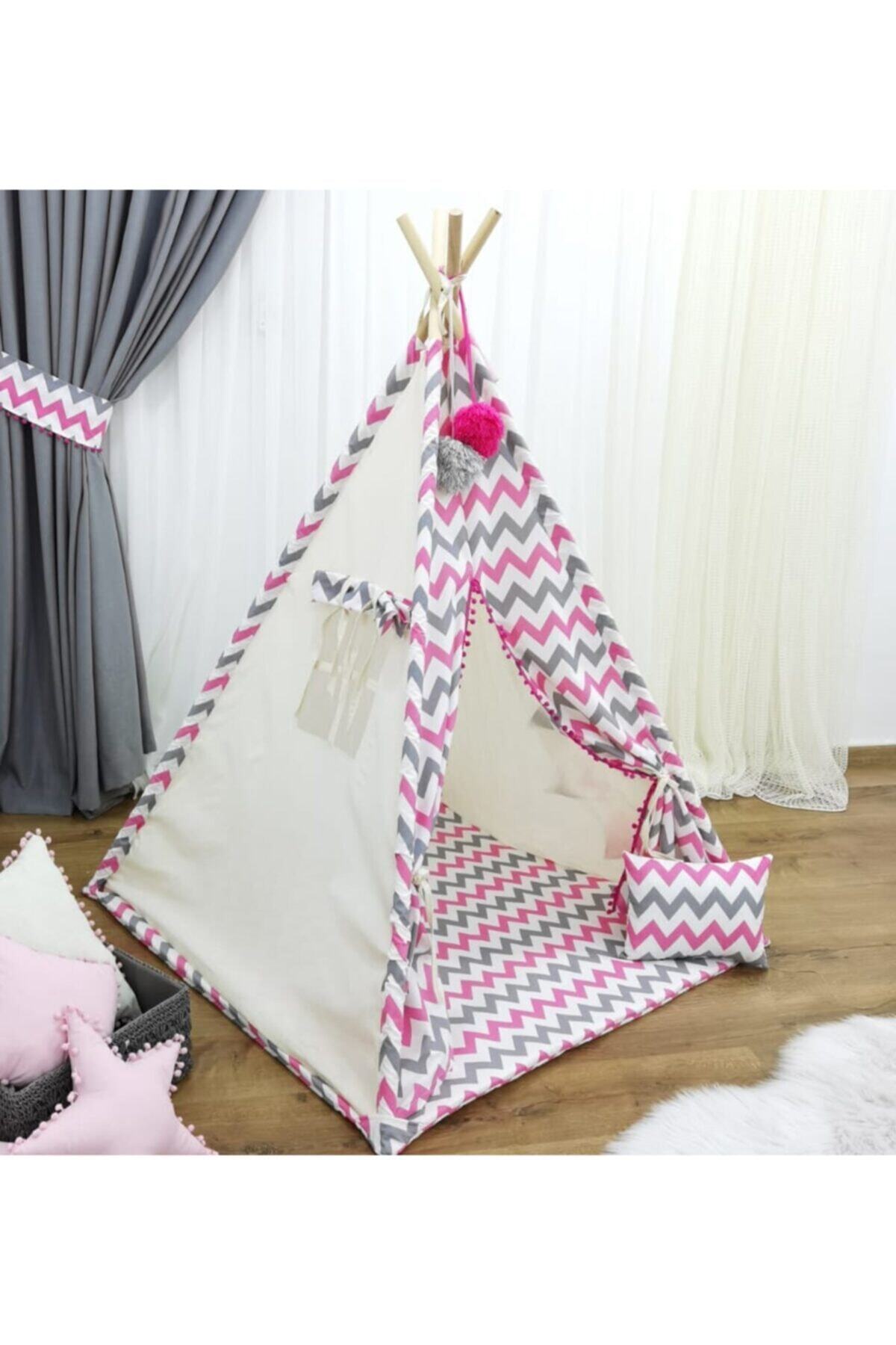mordesign Zikzak Desen, Ahşap Direkli, Pencereli Kızılderili Doğal Çocuk Oyun Çadırı, Pembe
